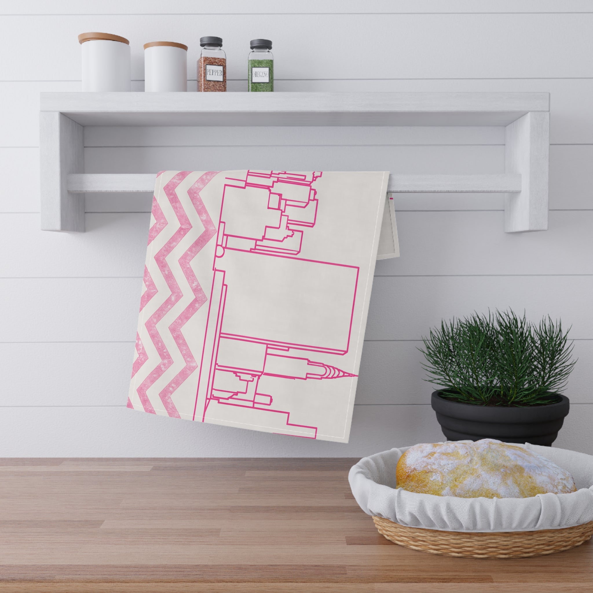 NYC Manhattan Skyline Pink Chevron Tea Towel — Minimal Pink & White New York City Skyline Kitchen Linen