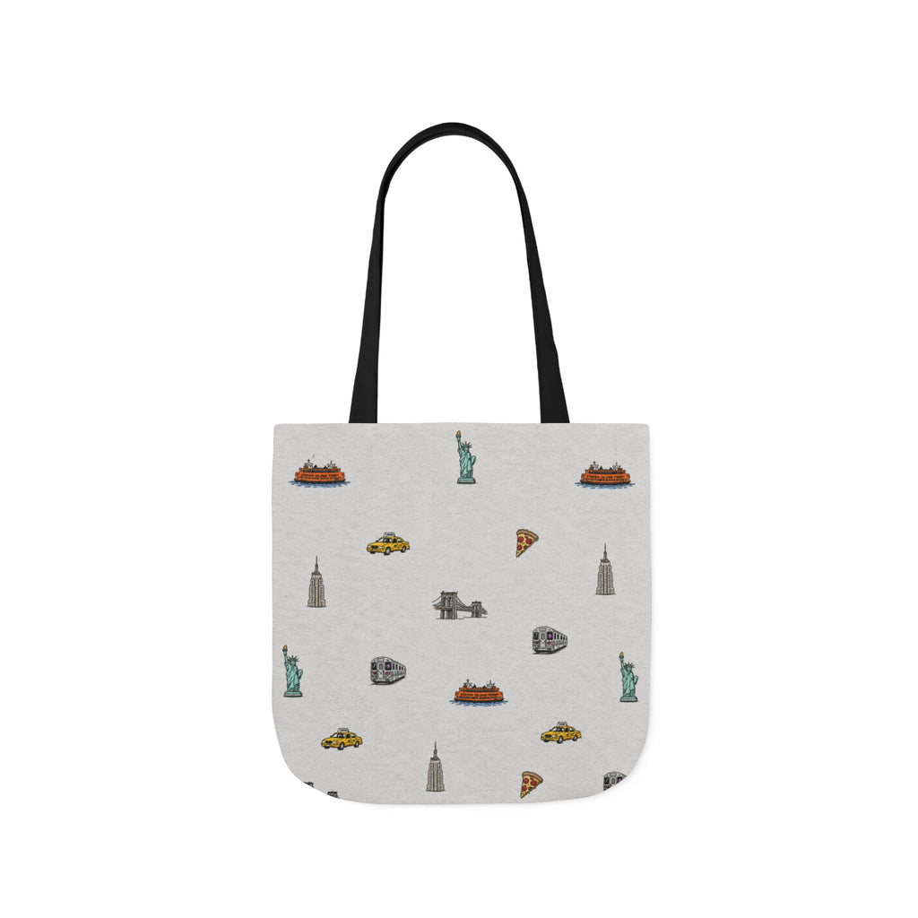 Icons of New York Heather Gray Canvas Tote — Statue of Liberty, Pizza & Taxi Pattern