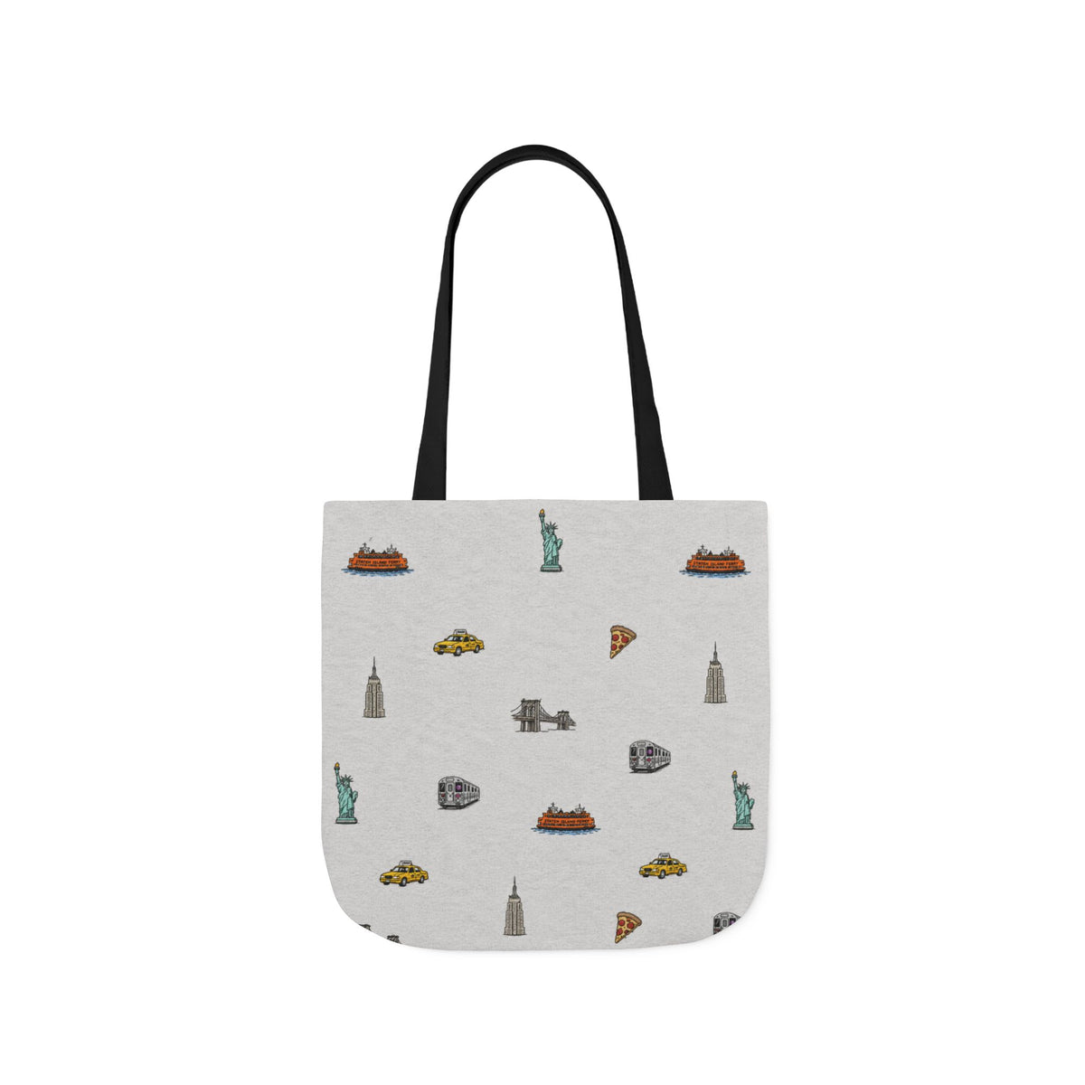 Icons of New York Heather Gray Canvas Tote — Statue of Liberty, Pizza & Taxi Pattern