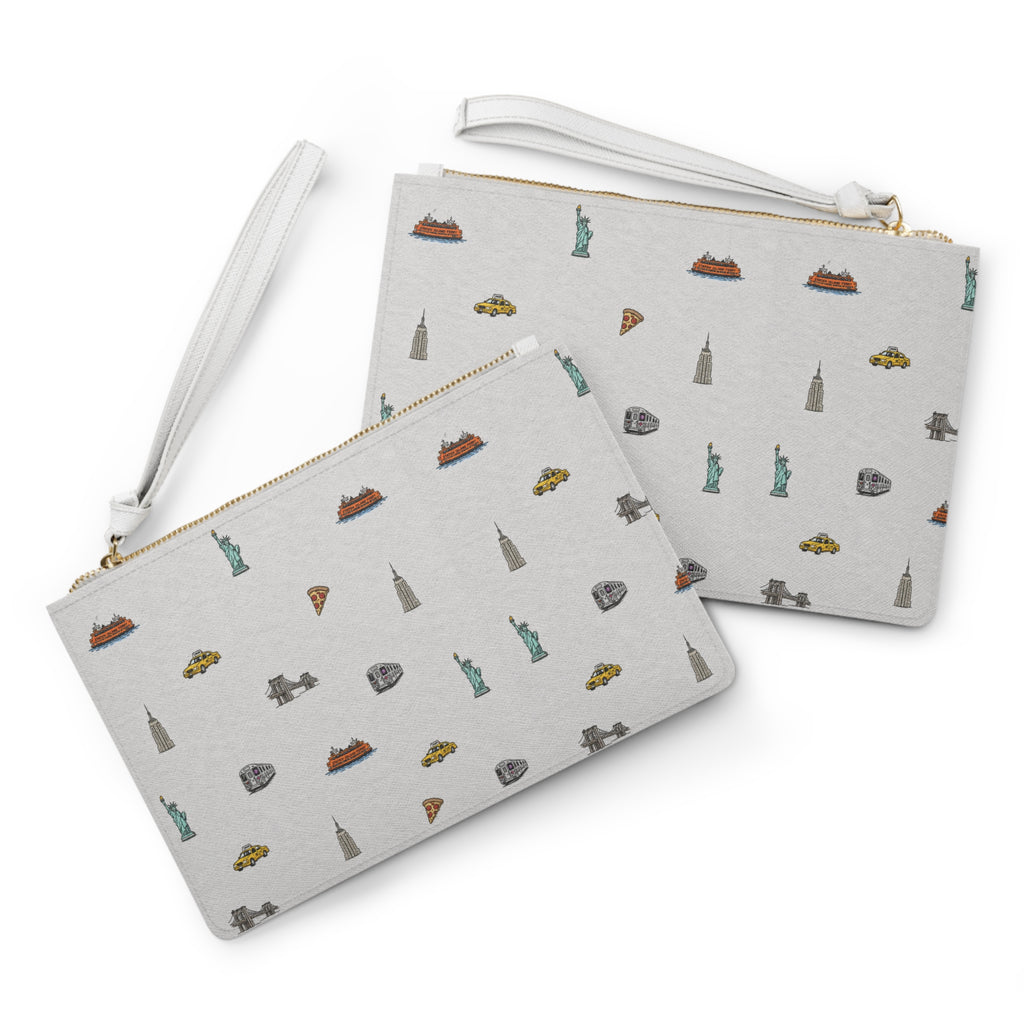 Icons of New York City Heather Gray Clutch — Statue of Liberty, Taxi & Pizza Pattern