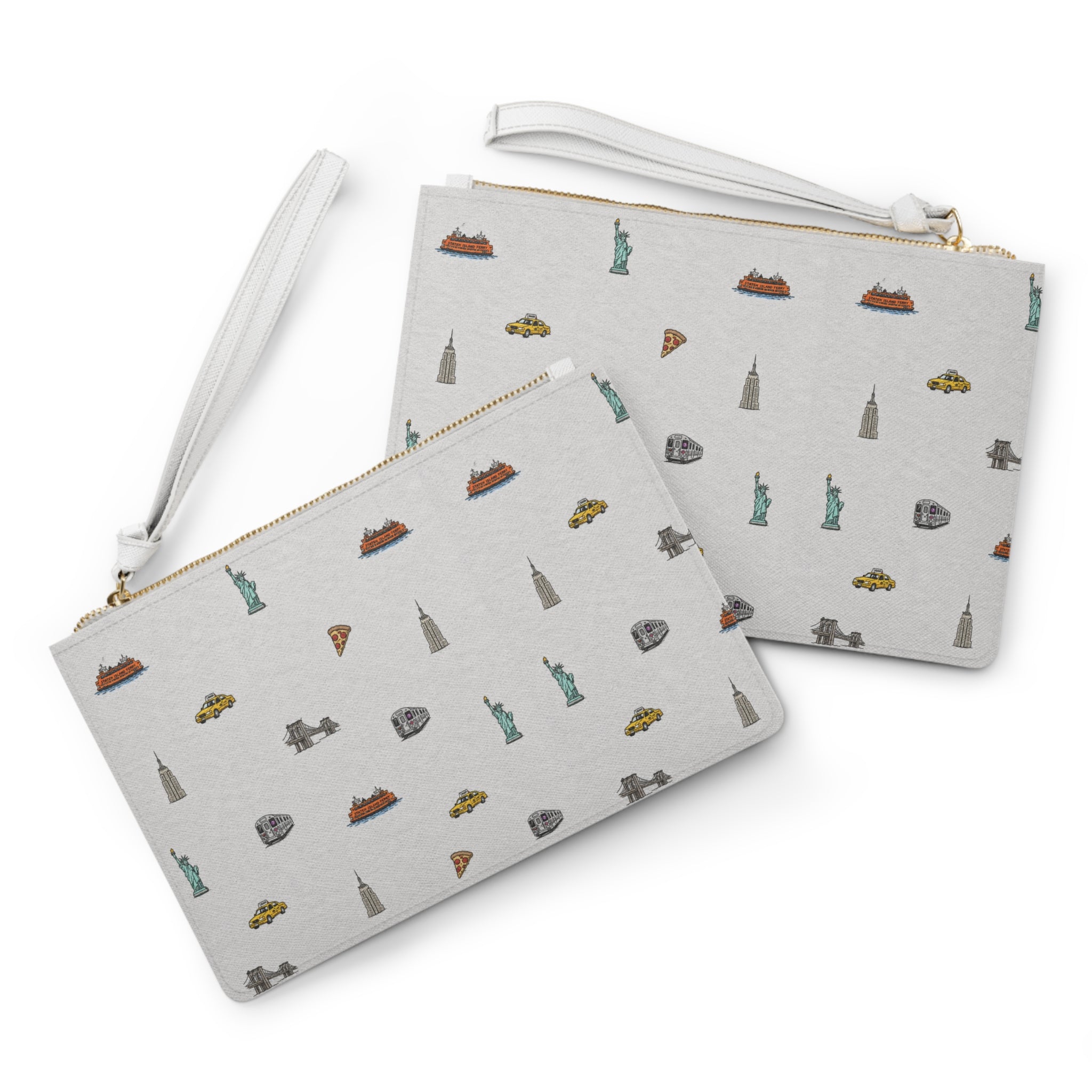 Icons of New York City Heather Gray Clutch — Statue of Liberty, Taxi & Pizza Pattern
