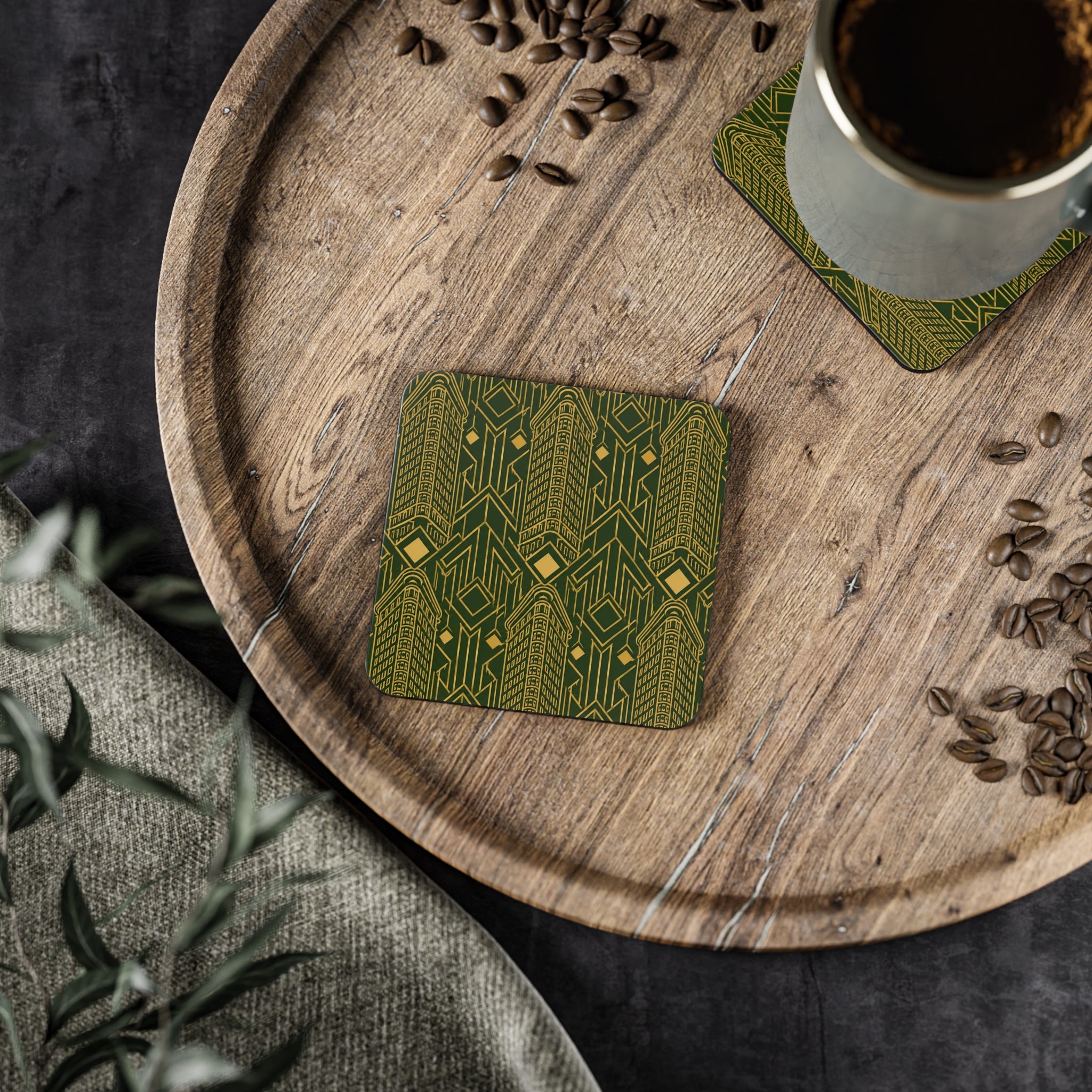 Art Deco Flatiron Building Gold & Green Cork Coaster Set — Geometric Cocktail Coasters Set of 4