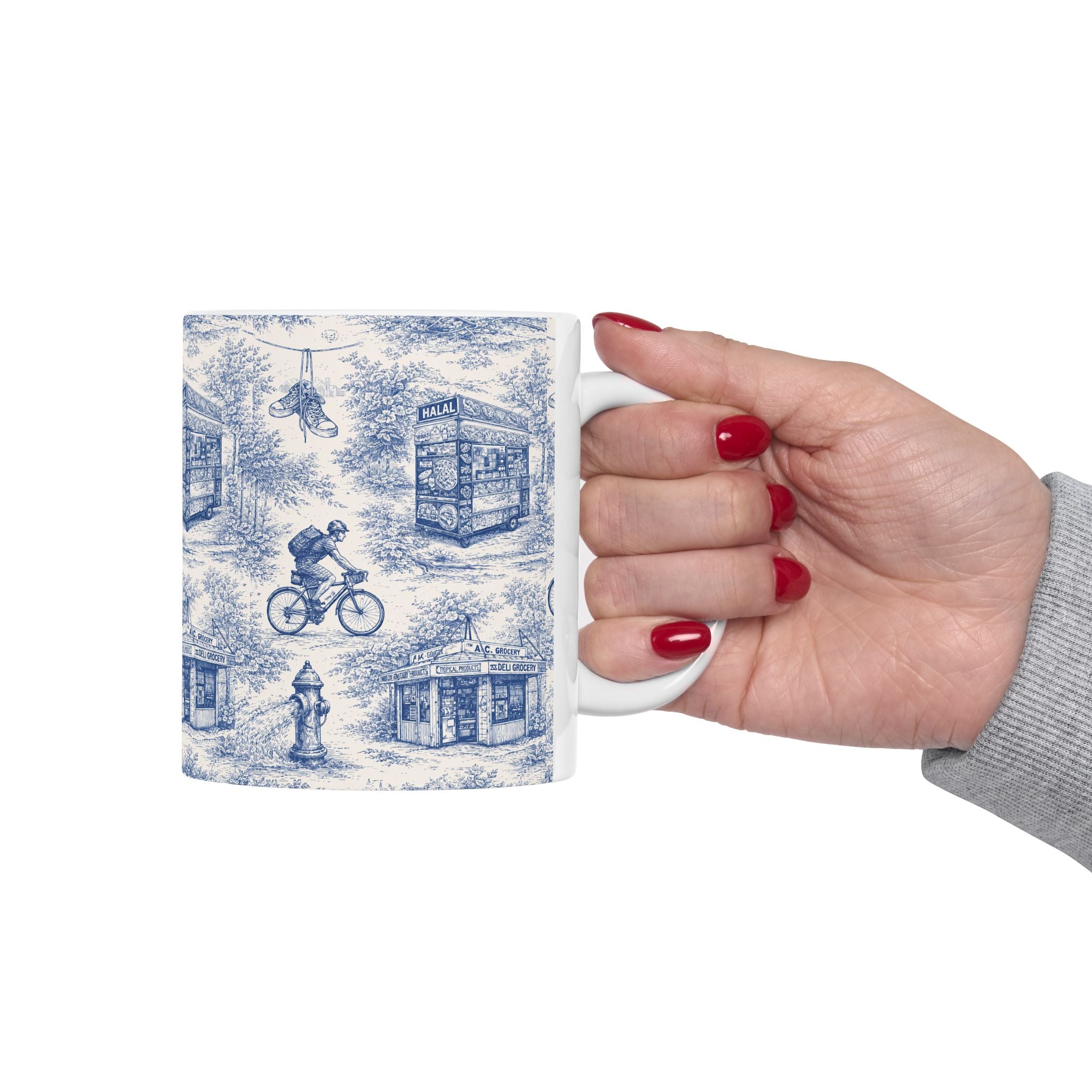NYC Blue and White Toile City Scenes Mug | Chinoiserie Ceramic Coffee Cup