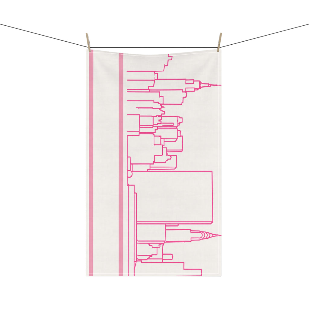 NYC Manhattan Skyline Pink Tea Towel — Minimal Pink & White New York City Skyline Kitchen Linen