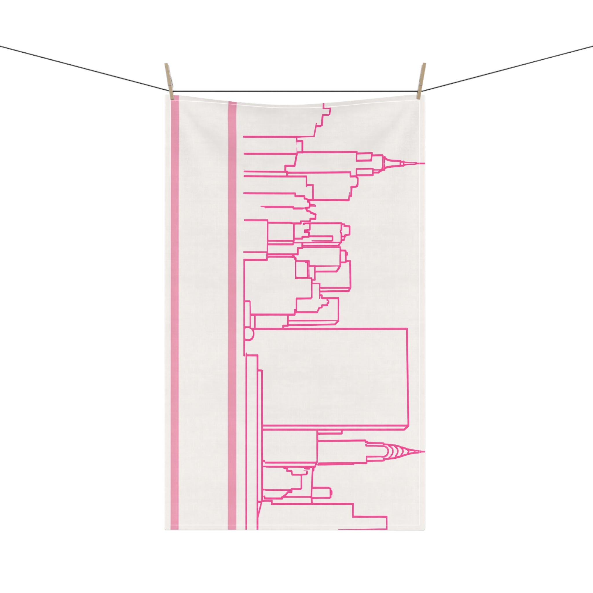 NYC Manhattan Skyline Pink Tea Towel — Minimal Pink & White New York City Skyline Kitchen Linen