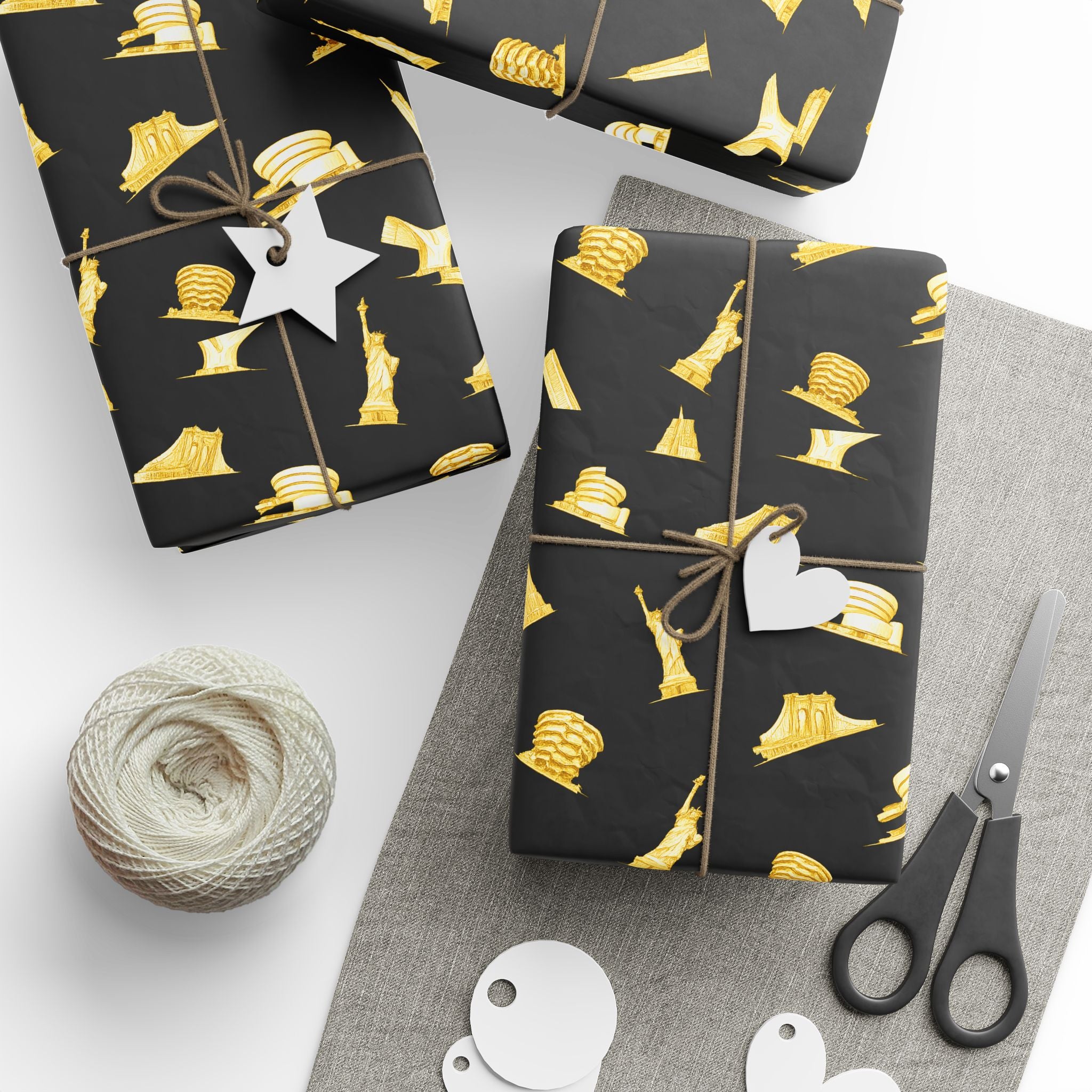 Gold NYC Landmarks on Black Gift Wrap Paper | New York Statue of Liberty Oculus Vessel Brooklyn Bridge Guggenheim Wrapping Paper Roll