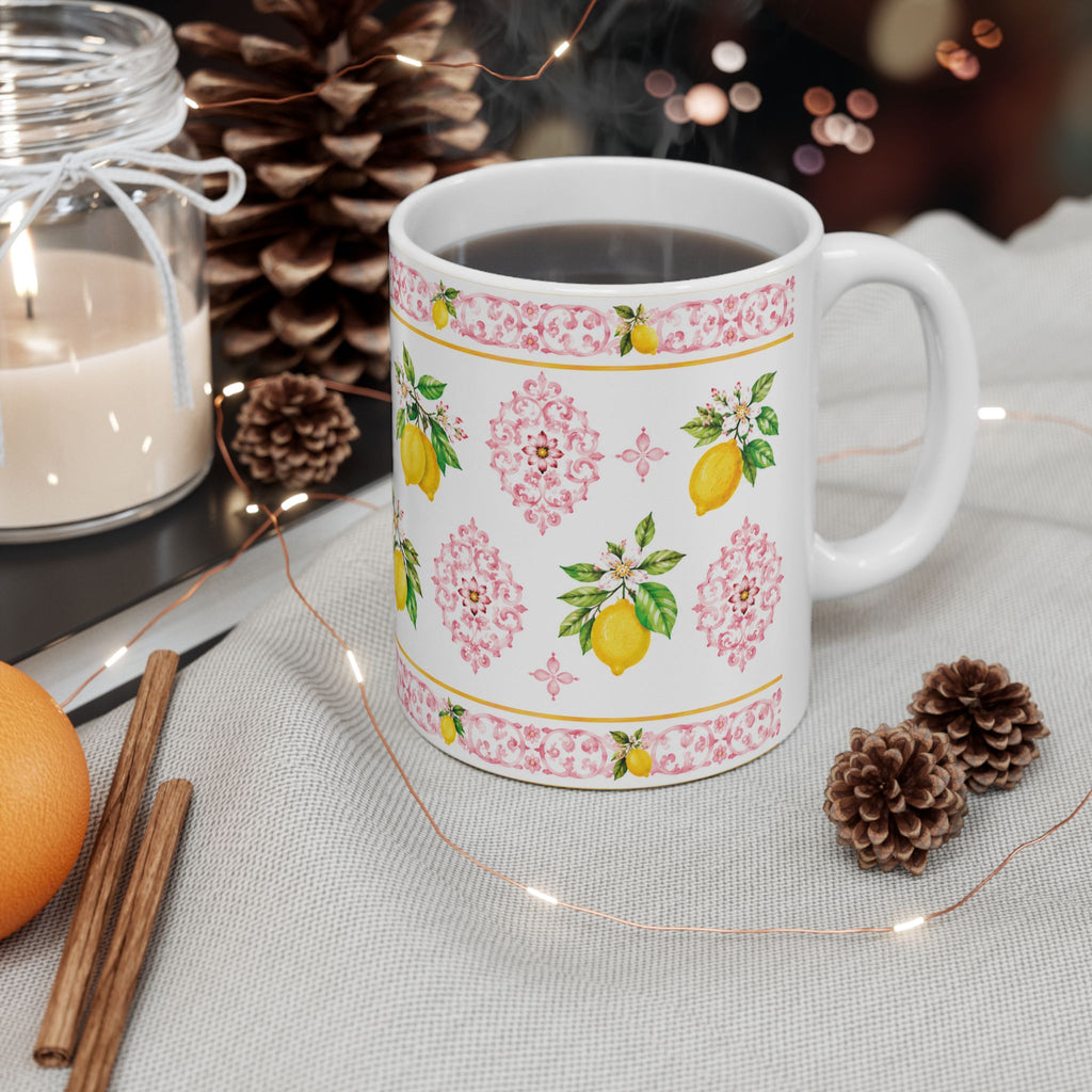 Little Italy Amalfi Pink with Lemon 3 Mug — Italian Mediterranean Pattern Coffee Cup (11oz)