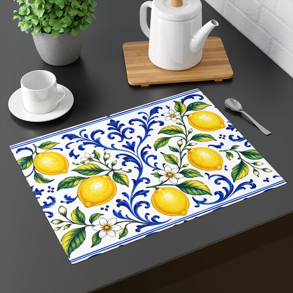 Little Italy Amalfi Blue and White with Lemon Decorative Placemat — Mediterranean Citrus Table Mat