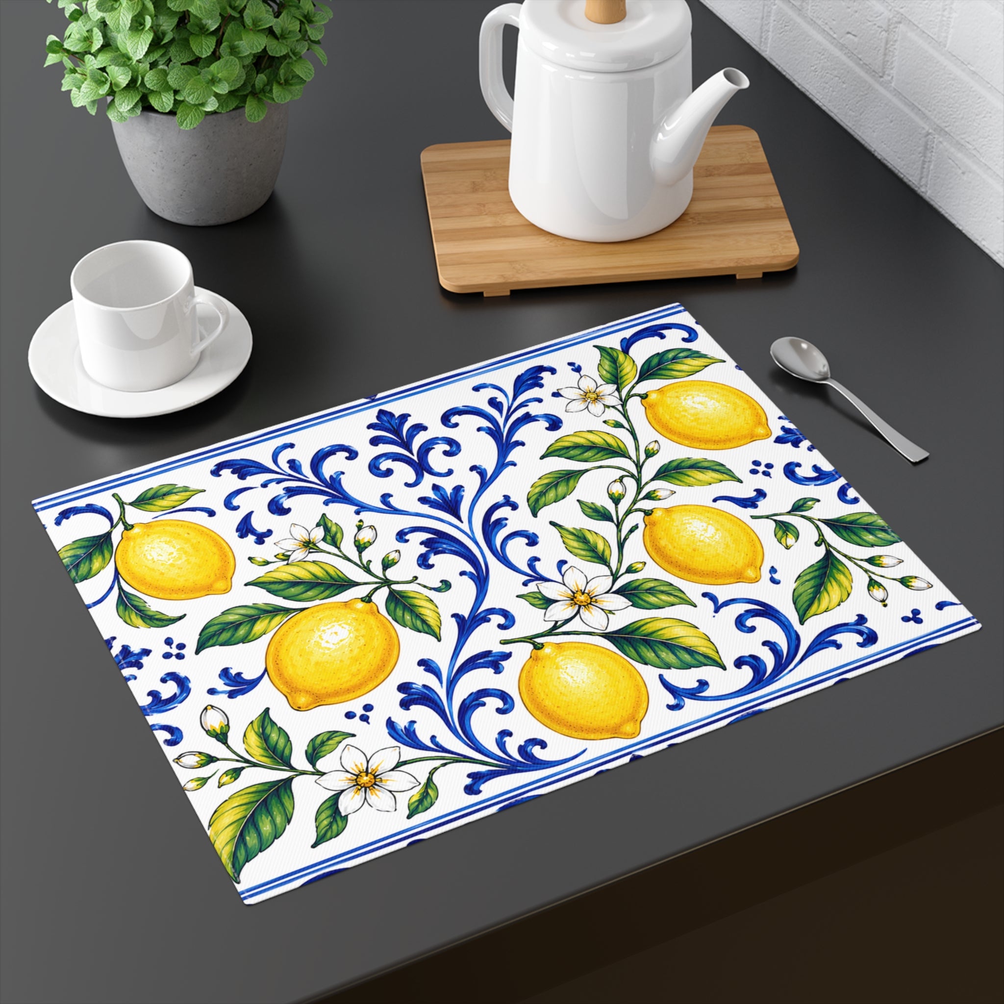 Little Italy Amalfi Blue and White with Lemon Decorative Placemat — Mediterranean Citrus Table Mat
