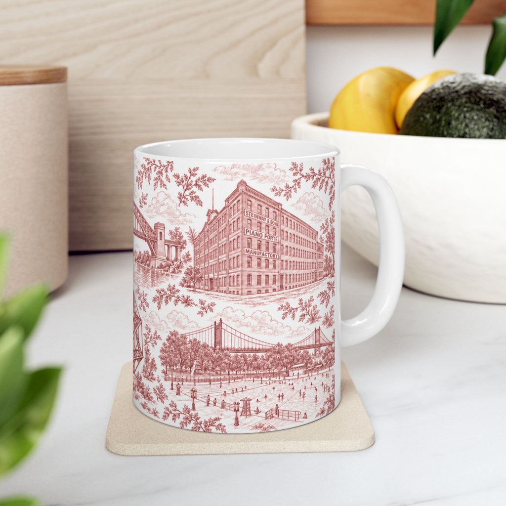 Astoria Red Toile Cityscape Ceramic Mug — 11oz Decorative Coffee Cup