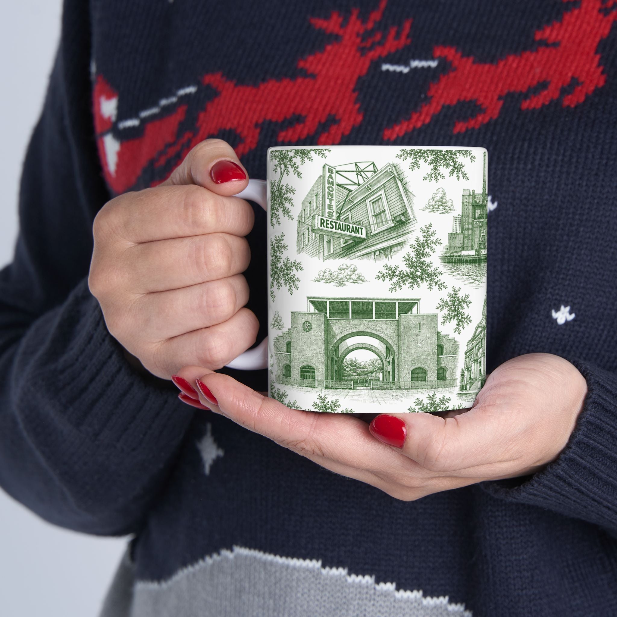 Williamsburg Green Toile de Jouy Mug | Brooklyn Chinoiserie Ceramic Coffee Cup