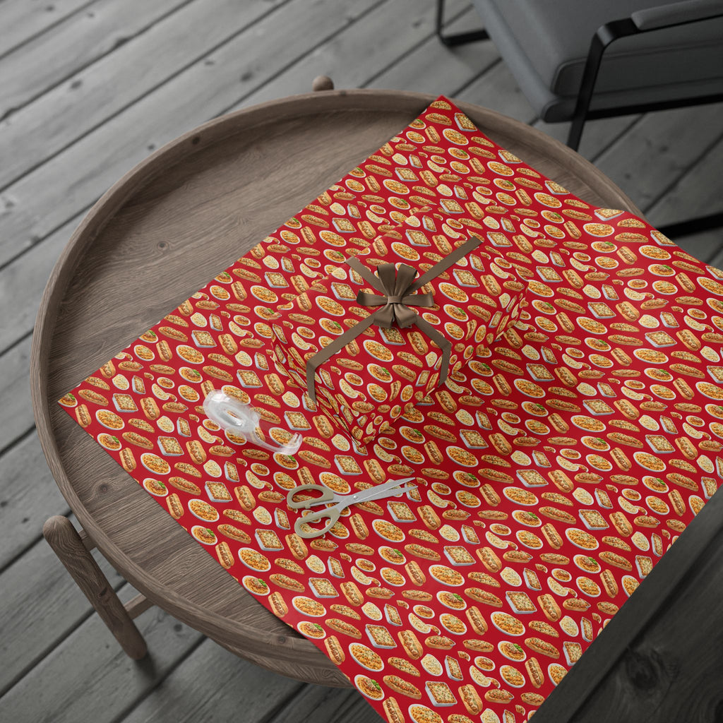 Italian Food Pattern Red Gift Wrap Paper | Pasta Spaghetti Rigatoni Meatball Sub Wrapping Paper Roll, Foodie Party Wrap