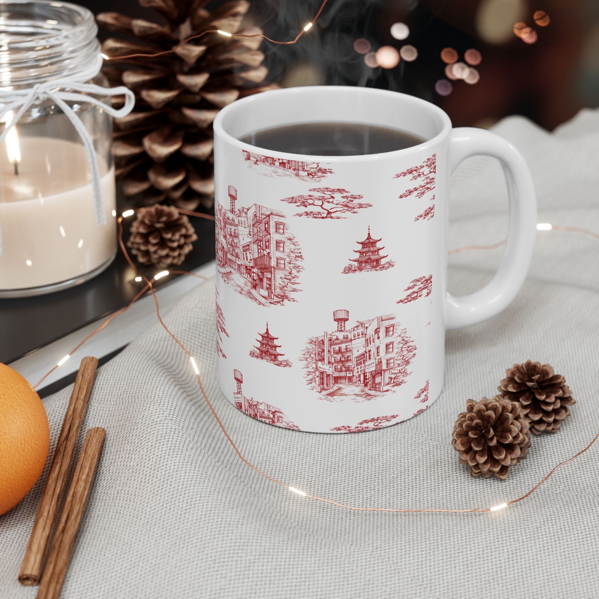 Chinatown Doyers Street Red Toile de Jouy Mug | New York City Chinoiserie Ceramic Mug 11oz