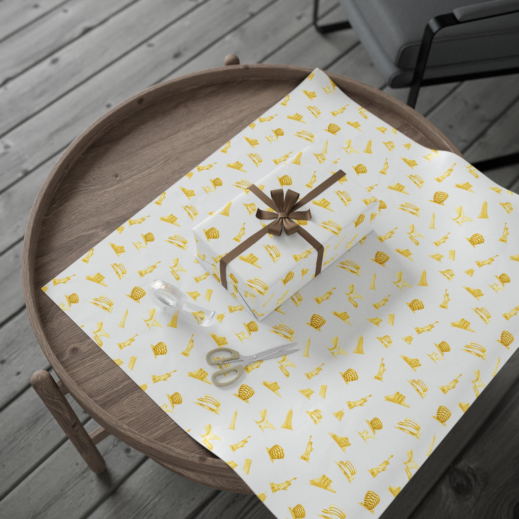 Gold NYC Landmarks on White Gift Wrap Paper | New York Statue of Liberty Oculus Vessel Brooklyn Bridge Guggenheim Wrapping Paper Roll