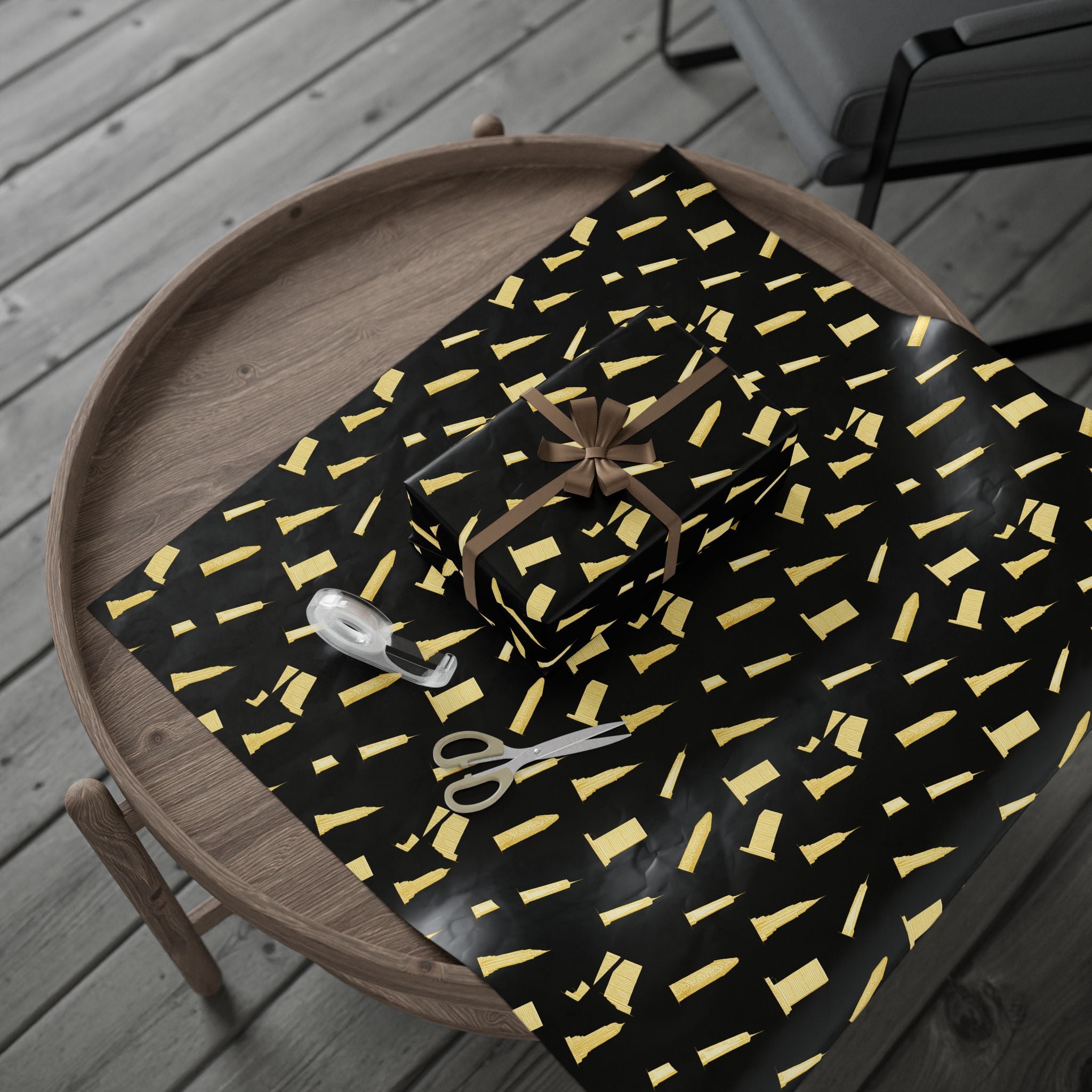 NYC Architecture Gold on Black Pattern Gift Wrap Paper | Iconic New York Buildings Empire State Chrysler Flatiron Wrapping Paper