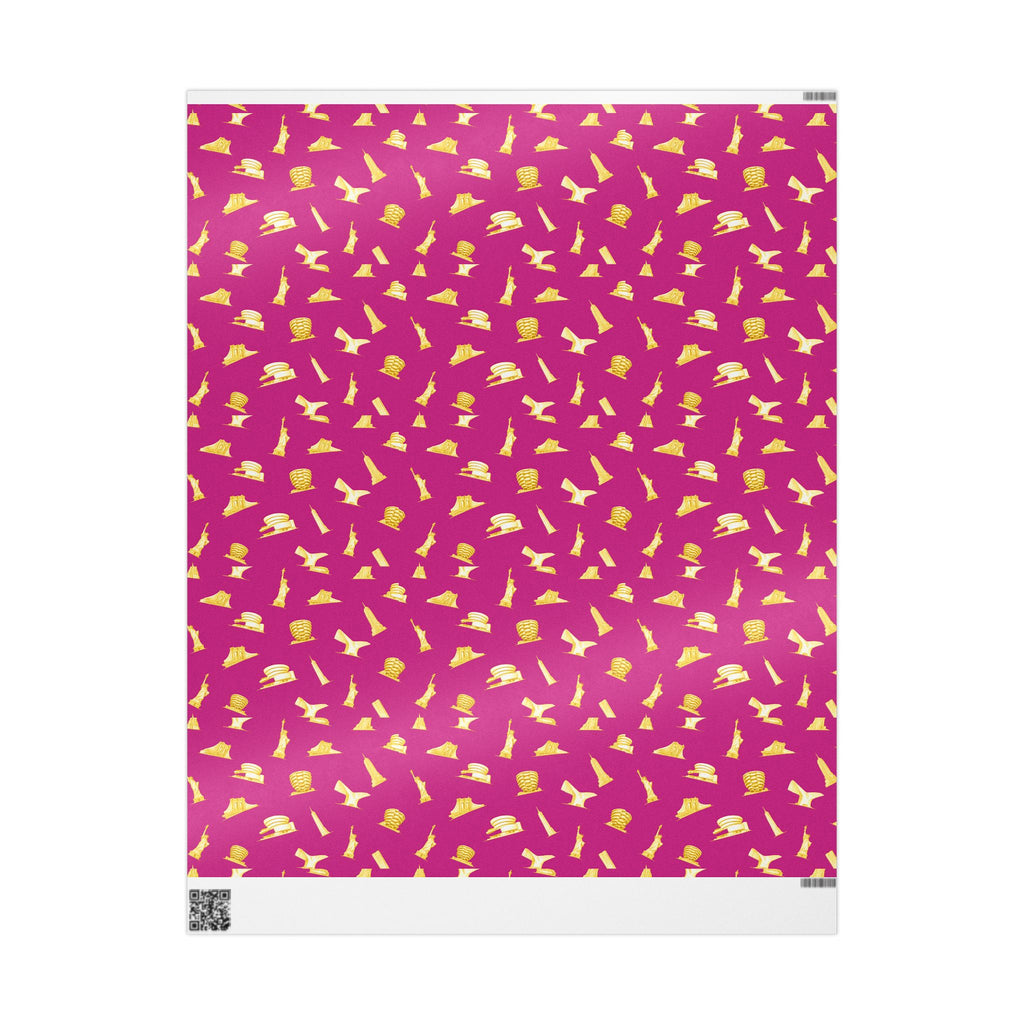Gold NYC Landmarks on Pink Gift Wrap Paper | New York Statue of Liberty Oculus Vessel Brooklyn Bridge Guggenheim Wrapping Paper Roll