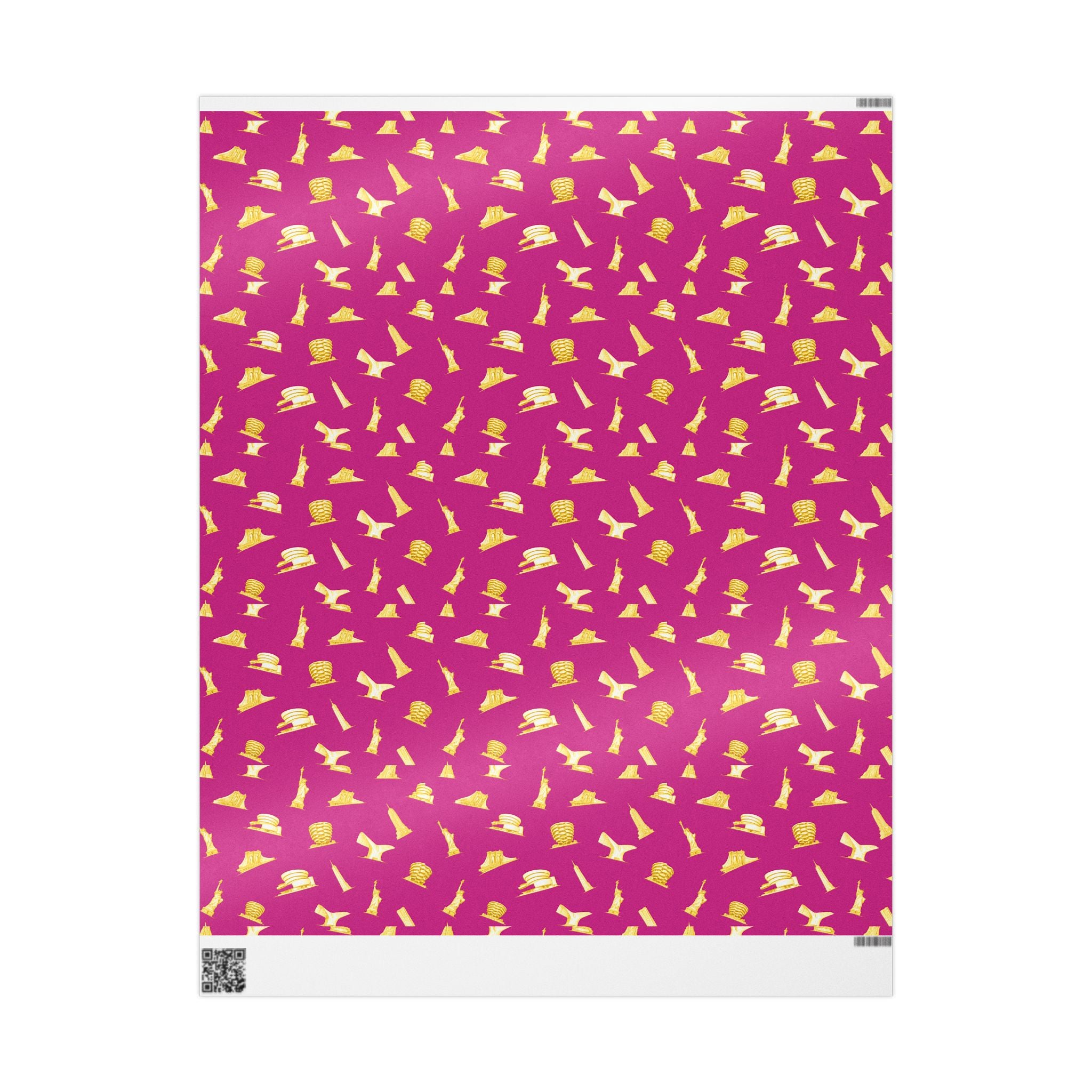 Gold NYC Landmarks on Pink Gift Wrap Paper | New York Statue of Liberty Oculus Vessel Brooklyn Bridge Guggenheim Wrapping Paper Roll
