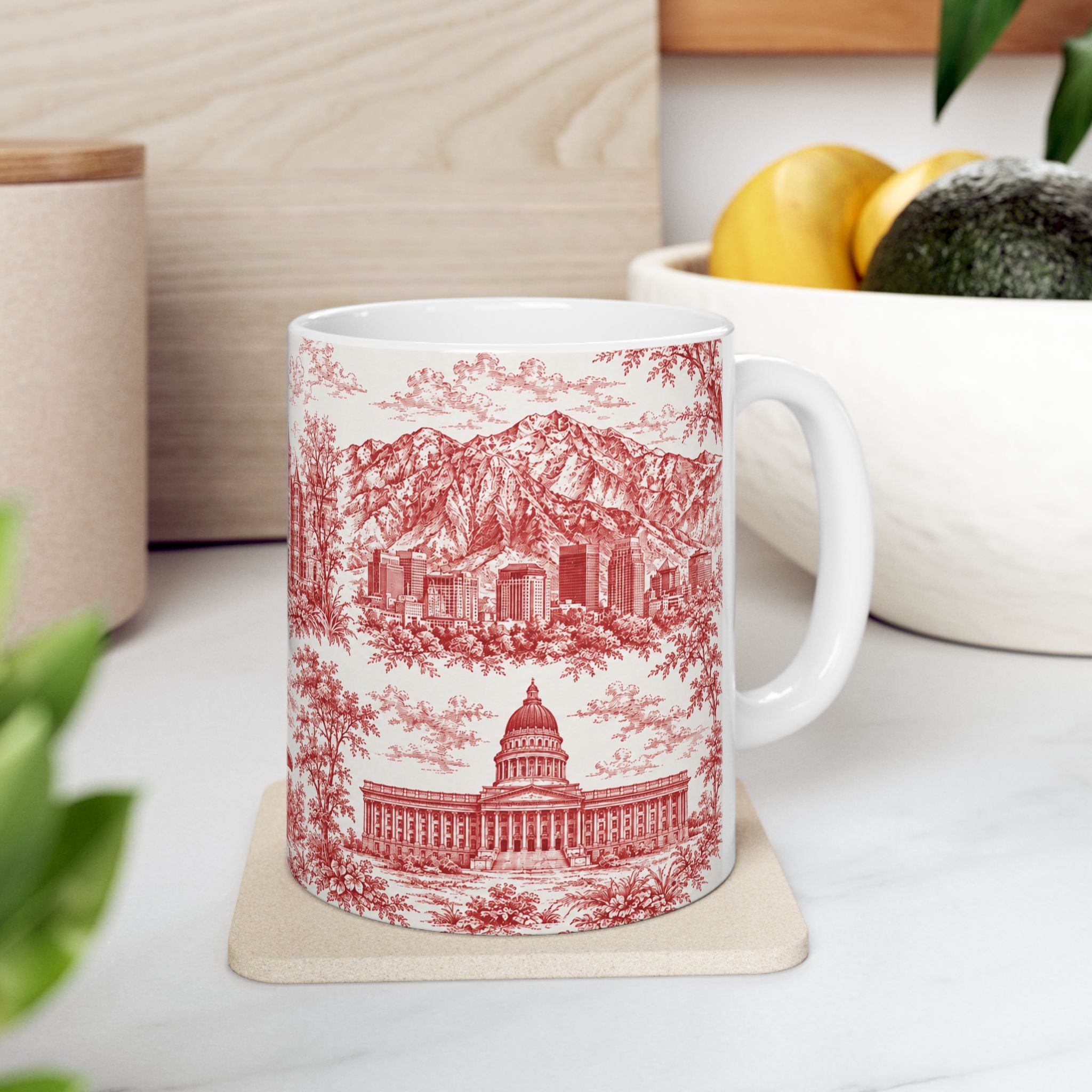 Salt Lake City Red Toile de Jouy Mug —  Ceramic Coffee Cup (11oz)
