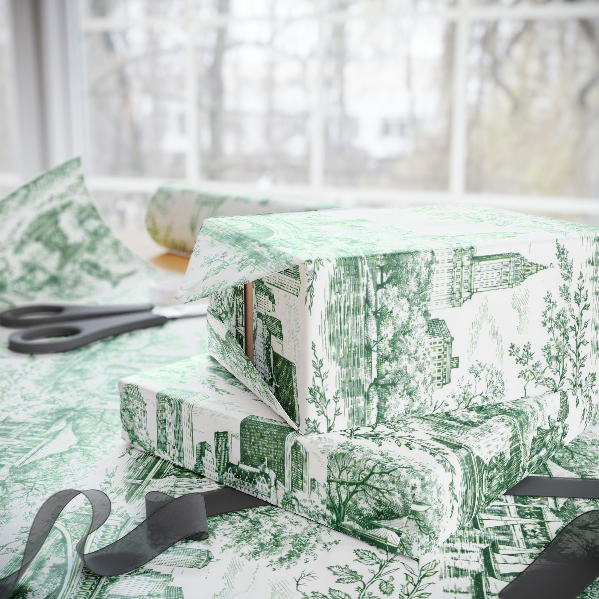 Central Park Green Toile NYC Wrapping Paper | New York City Scenic Toile Pattern Roll