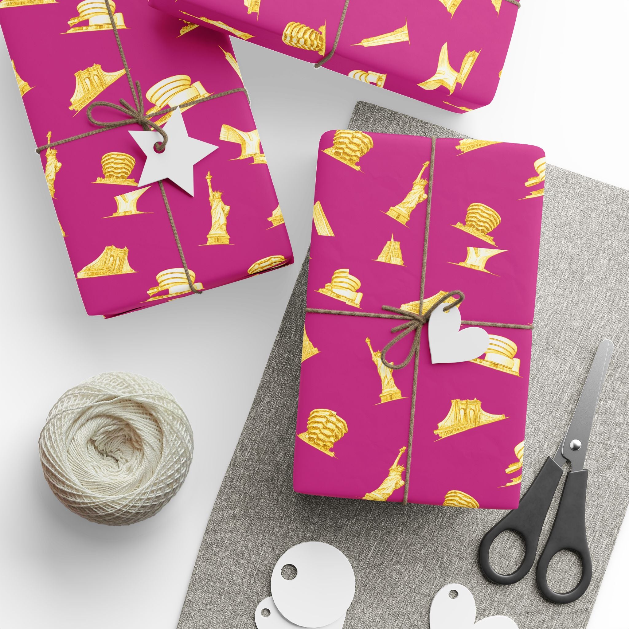 Gold NYC Landmarks on Pink Gift Wrap Paper | New York Statue of Liberty Oculus Vessel Brooklyn Bridge Guggenheim Wrapping Paper Roll