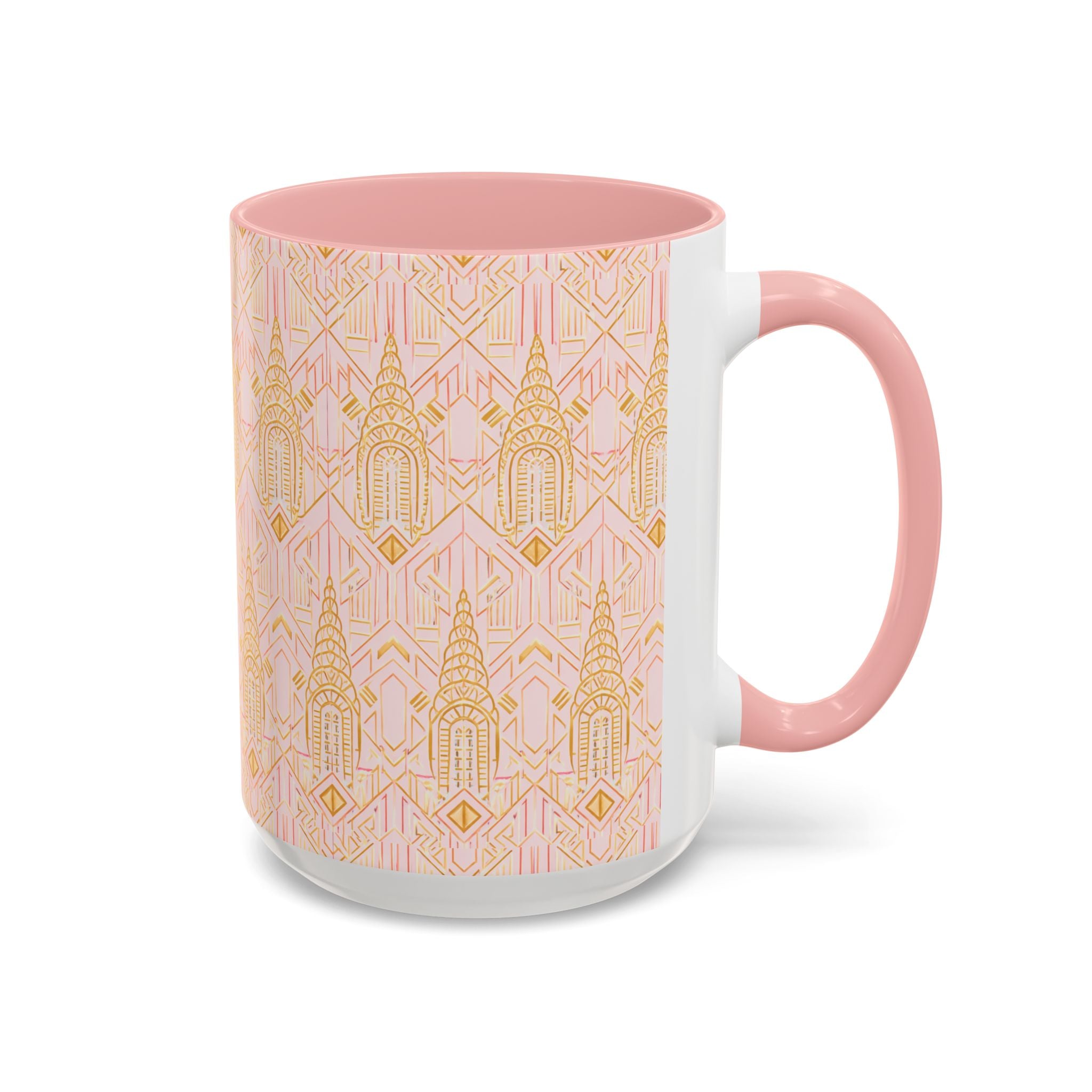 Art Deco Chrysler Building Pink & Gold Accent Coffee Mug — Manhattan Art Deco Pattern Mug 11 oz
