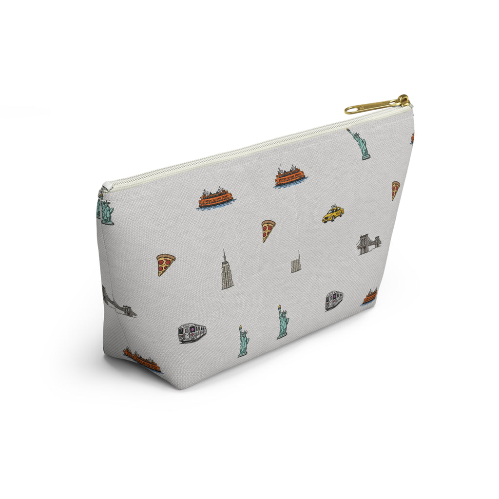 Icons of New York City Heather Gray Accessory Pouch — T-Bottom Makeup Bag with Statue of Liberty, Taxi & Pizza Pattern