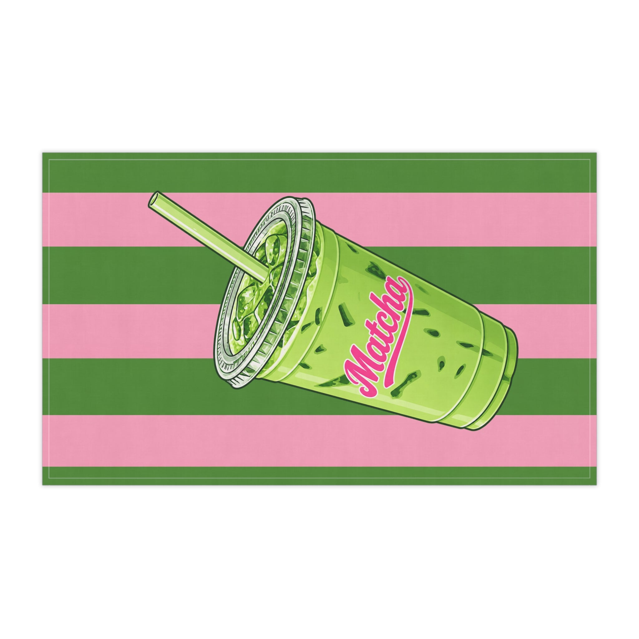 Matcha Drink Tea Towel — Green & Pink Striped Kitchen Towel with 'Matcha' Cup Design Hostess Gift