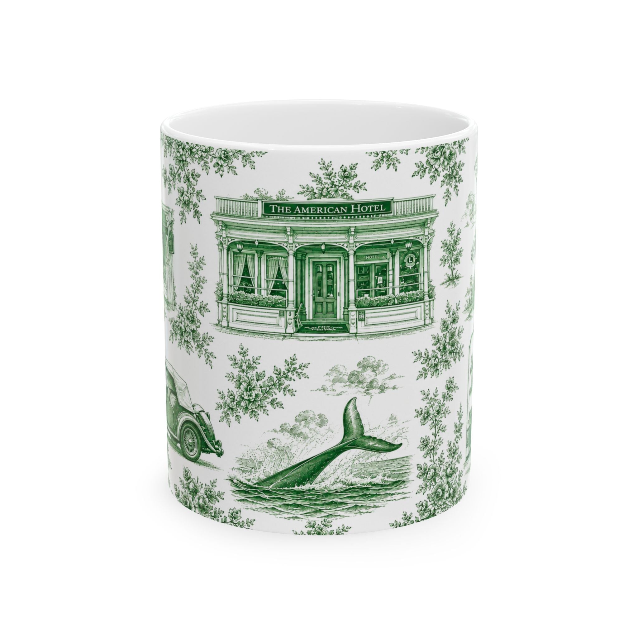 Sag Harbor Green Toile de Jouy Mug | Hamptons Chinoiserie Ceramic Coffee Cup