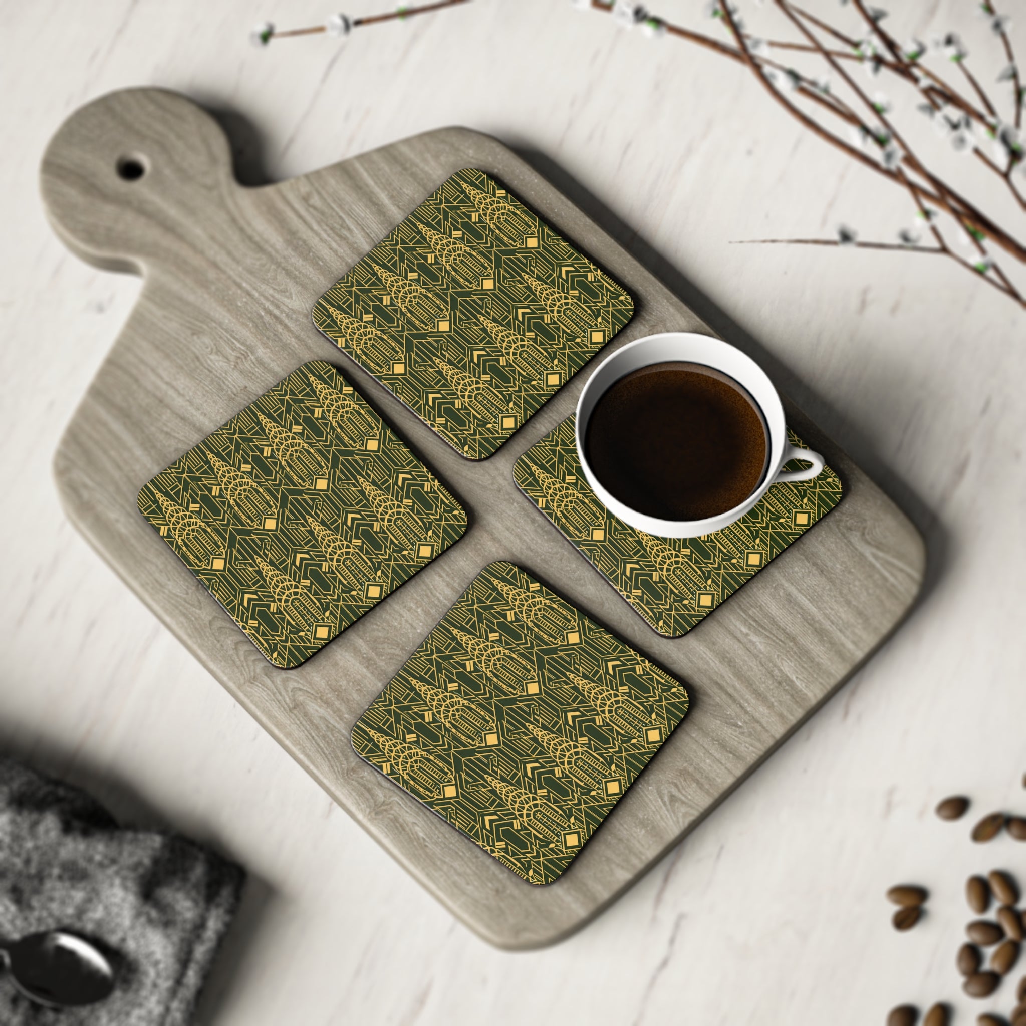 Art Deco Chrysler Building Gold & Green Cork Coaster Set — Geometric Vintage Cocktail Coasters Set of 4