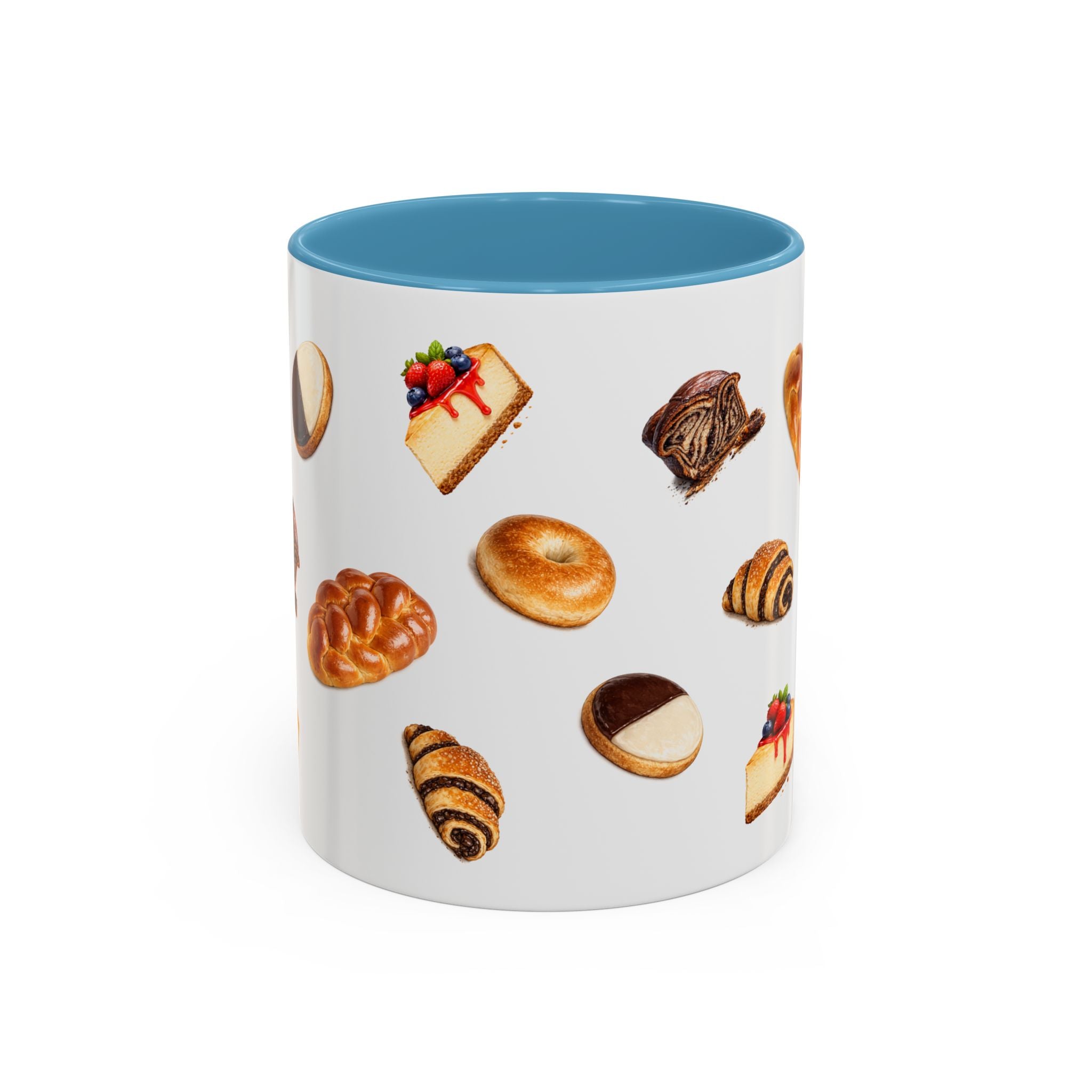 NYC Kosher Bakery Pattern Accent Mug | Babka Cheesecake Rugelach Black + White Cookie Challah Bagel 11oz Ceramic Coffee Cup