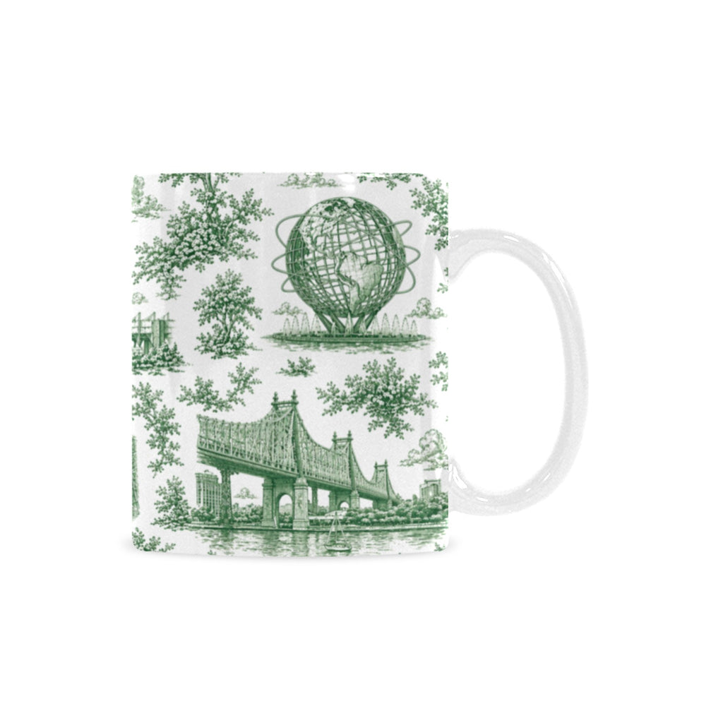 Queens Green Toile de Jouy Mug | New York City Chinoiserie Ceramic Coffee Cup Custom White Mug (11oz)