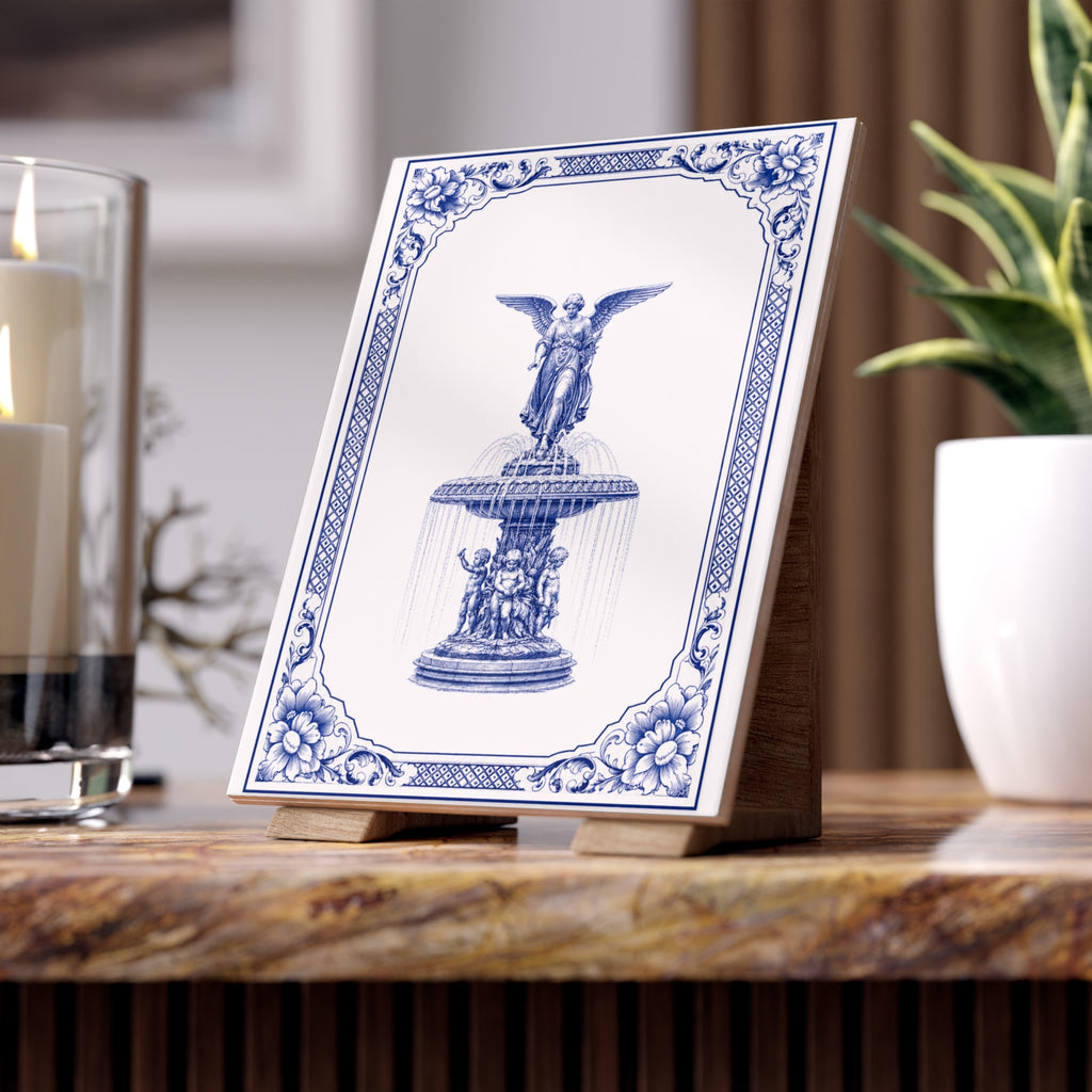 Central Park Bethesda Fountain Blue and White Azulejos-style Ceramic Shower  Tile