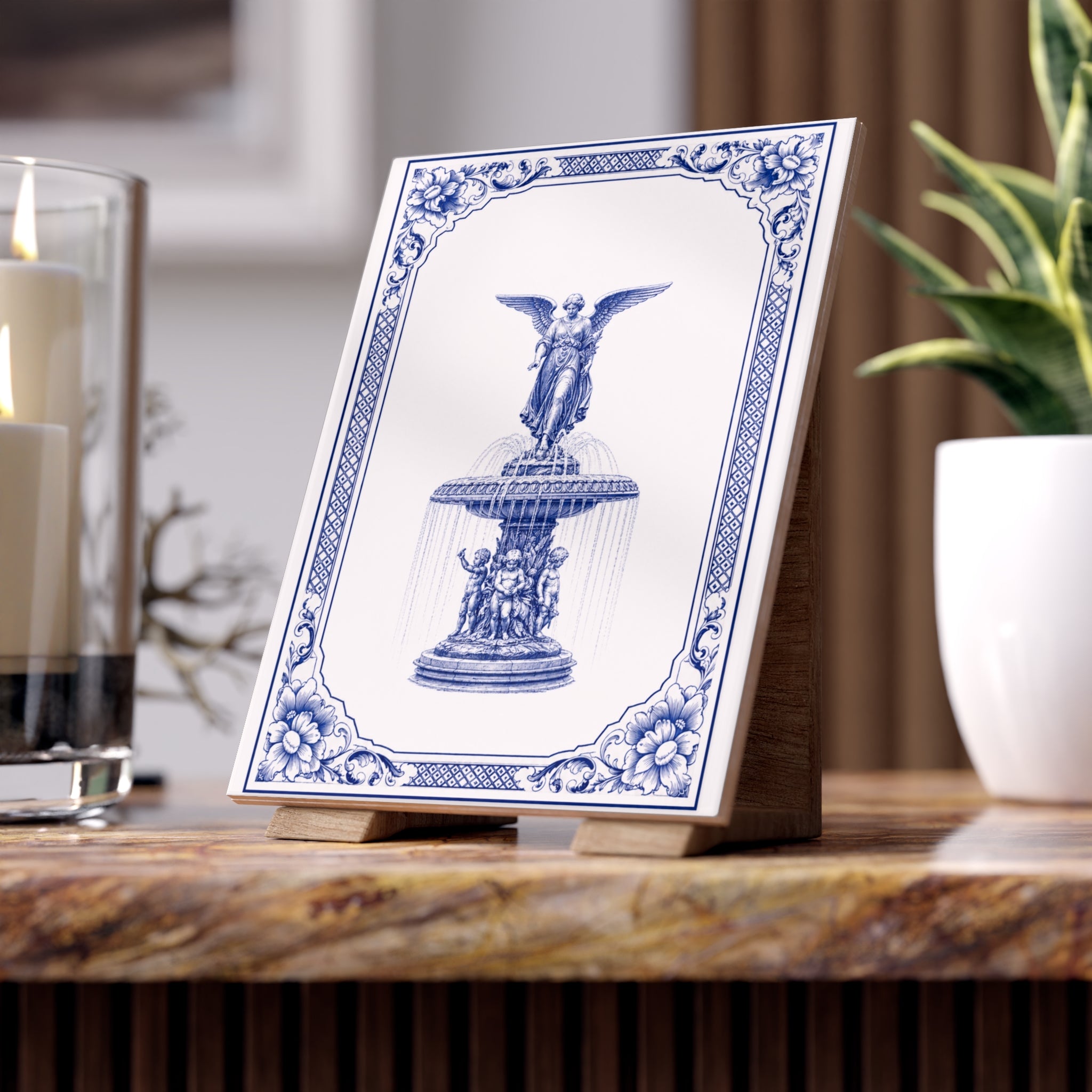 Central Park Bethesda Fountain Blue and White Azulejos-style Ceramic Shower  Tile