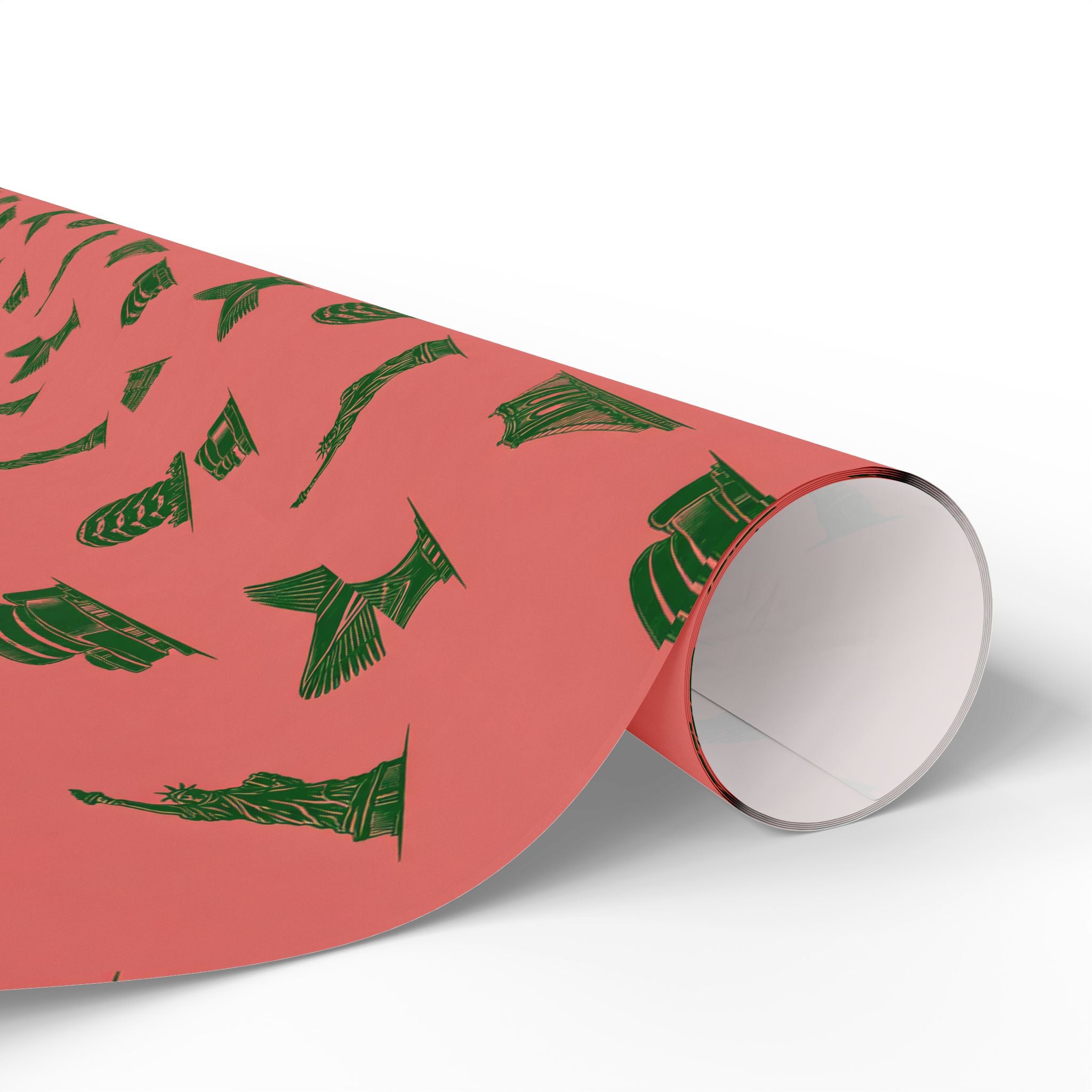 NYC Landmarks on Pink Gift Wrap Paper | New York Statue of Liberty Oculus Vessel Brooklyn Bridge Guggenheim Wrapping Paper Roll