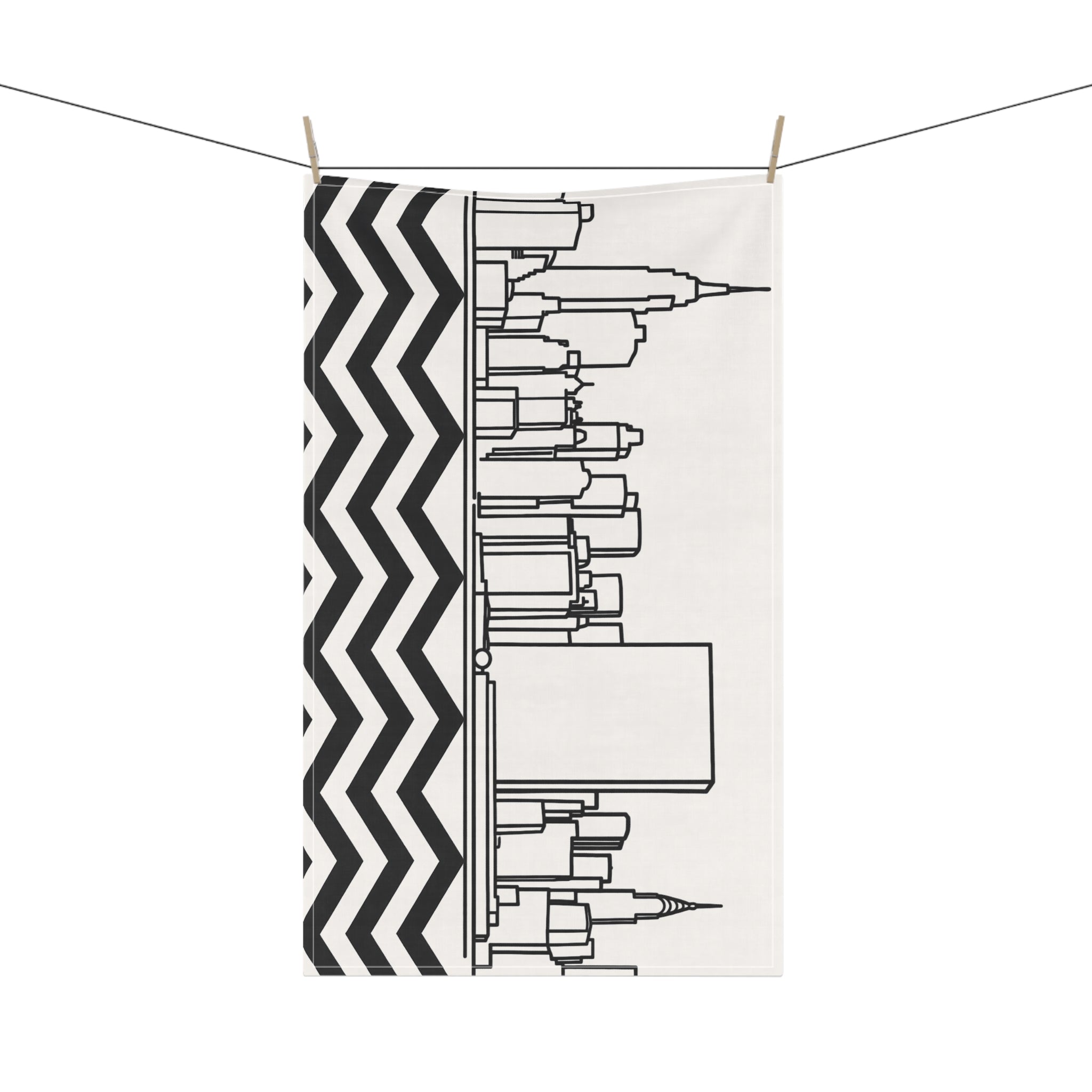 NYC Manhattan Skyline Chevron Tea Towel — Minimal Black & White New York City Skyline Kitchen Linen