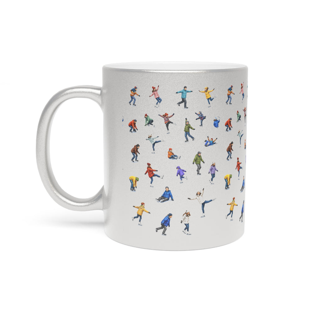 Ice Skaters on Ice Silver Metallic Mug | Winter Wonderland Hot Chocolate Coffee Sparkle Mug