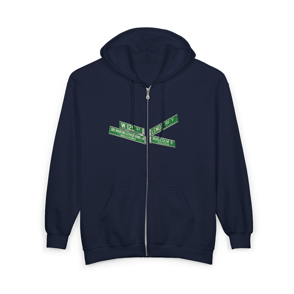 Harlem Street Sign Zip Up Hoodie   NYC Martin Luther King Malcolm X Hooded Sweatshirt