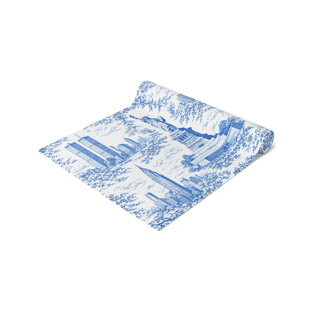 Blue Toile de Jouy New York City Cityscape Table Runner — Scenic NYC Chinoiserie Skyline Dining table Decor