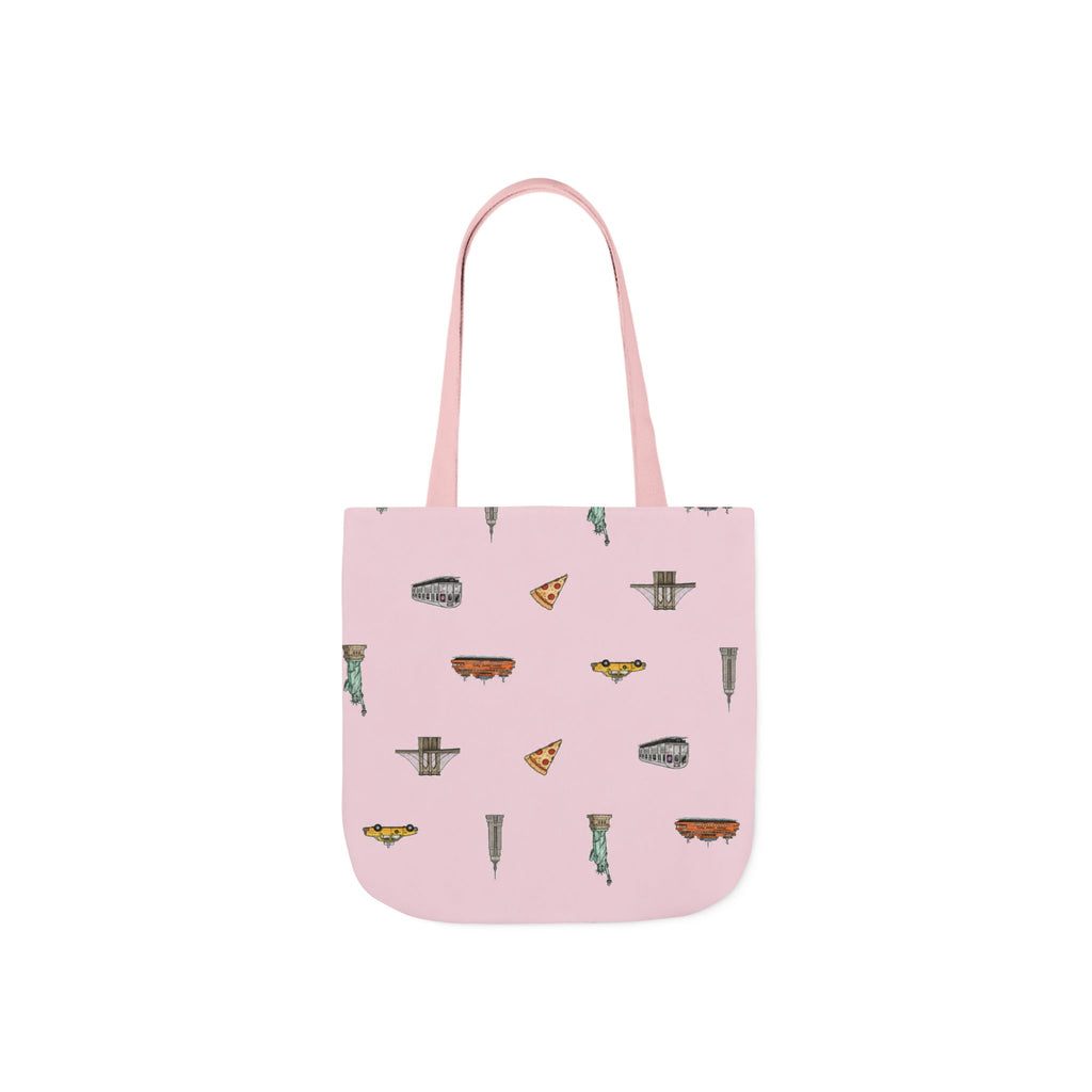 Icons of New York City Pink Canvas Tote — Statue of Liberty, Pizza & Taxi Pattern
