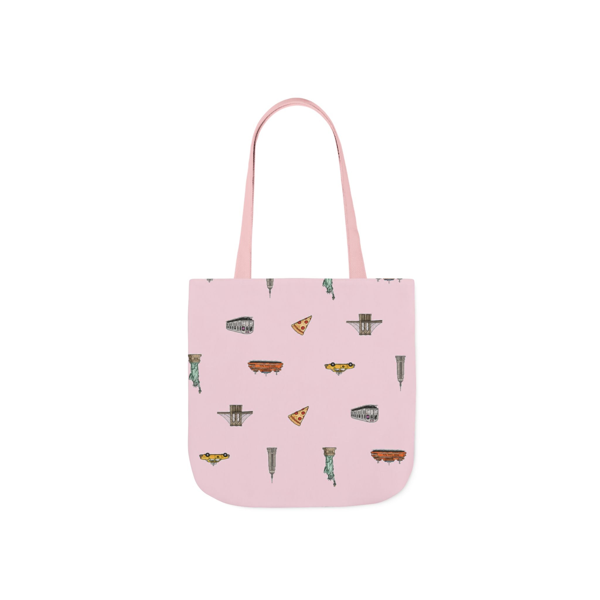 Icons of New York City Pink Canvas Tote — Statue of Liberty, Pizza & Taxi Pattern