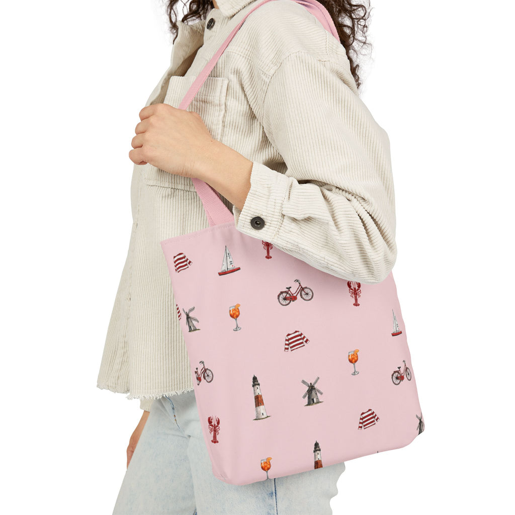 Icons of The Hamptons Pink Canvas Tote — Lighthouse, Windmill, Lobster Sailboat Icons