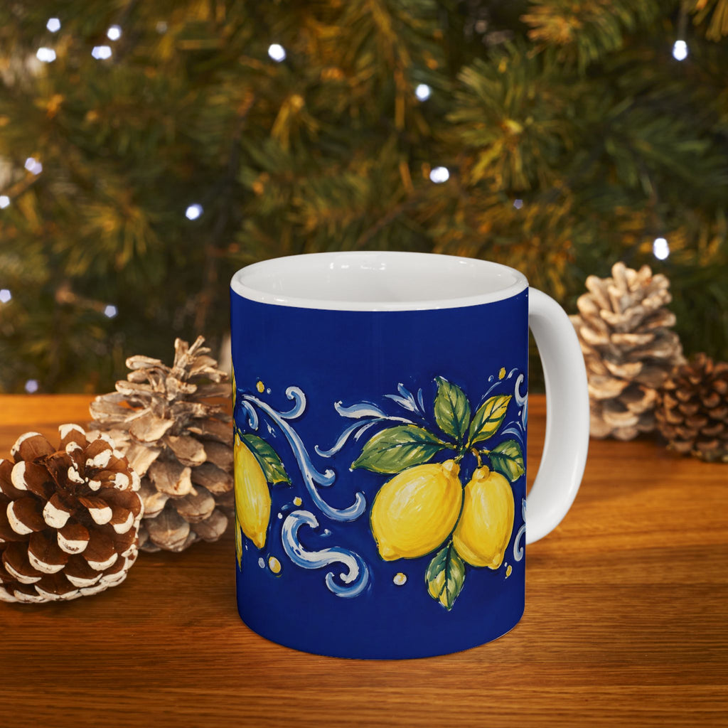 Little Italy Amalfi Blue with Lemon Mug — Italian Mediterranean Pattern Coffee Cup (11oz)