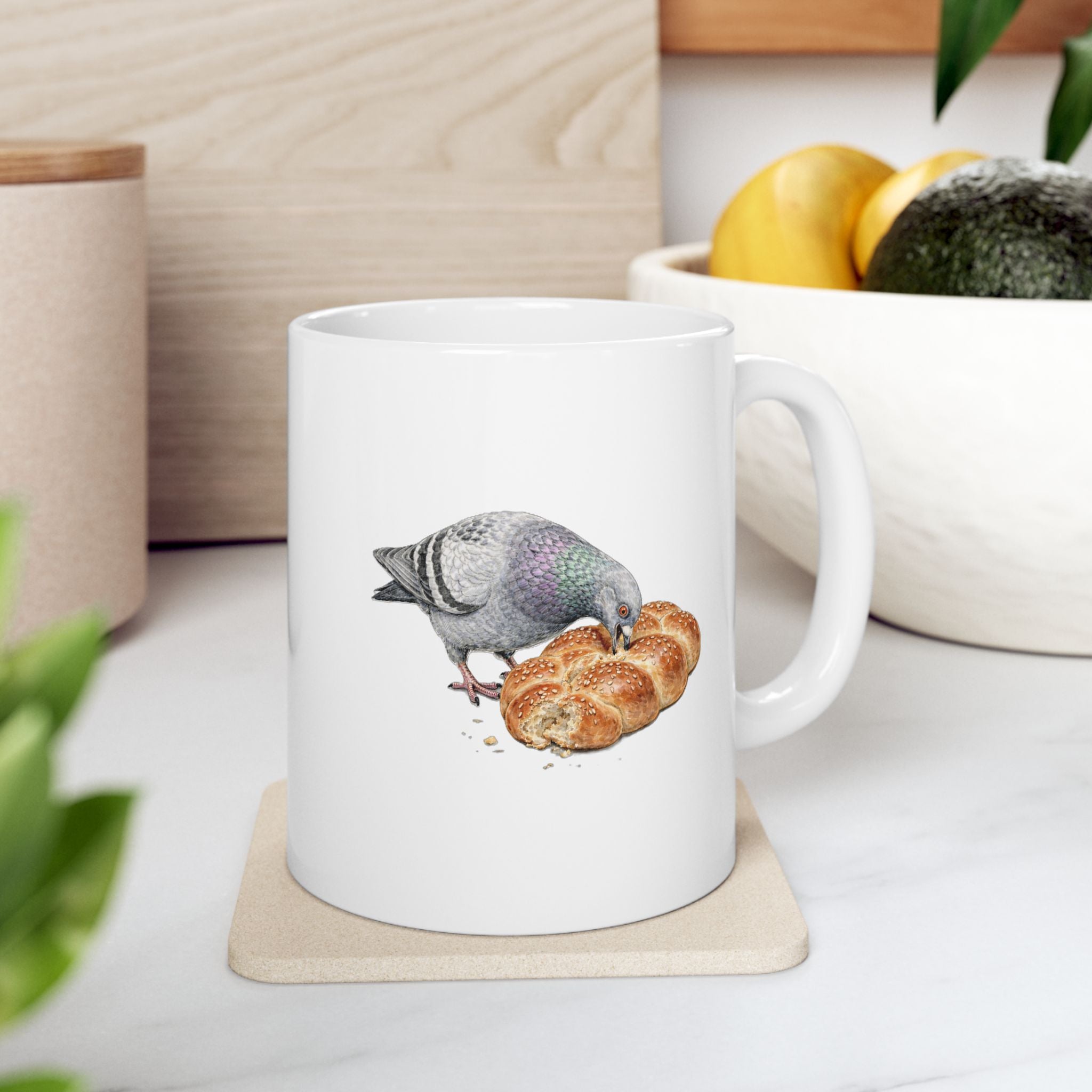 Customizable Borough Park NYC Pigeon Mug | Challah Bread Bird Lovers Ceramic Coffee Cup