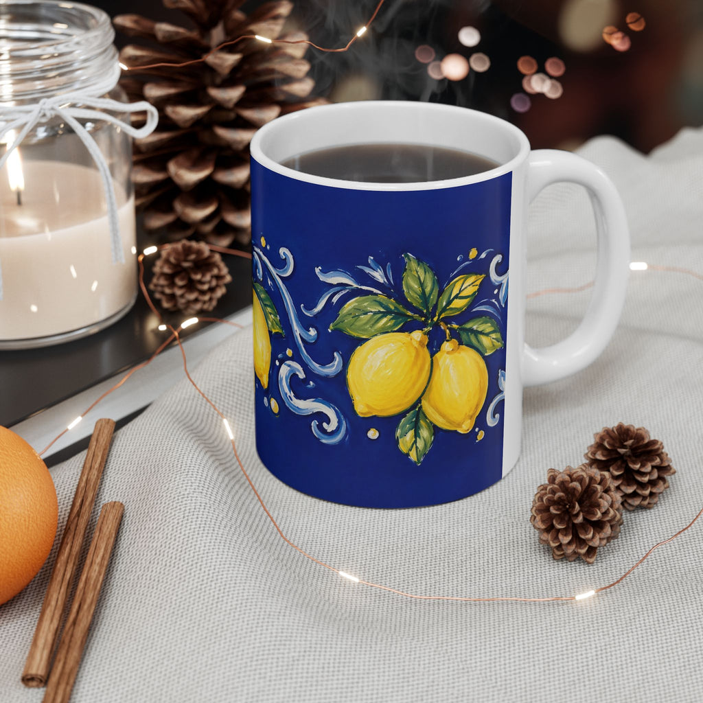 Little Italy Amalfi Blue with Lemon Mug — Italian Mediterranean Pattern Coffee Cup (11oz)