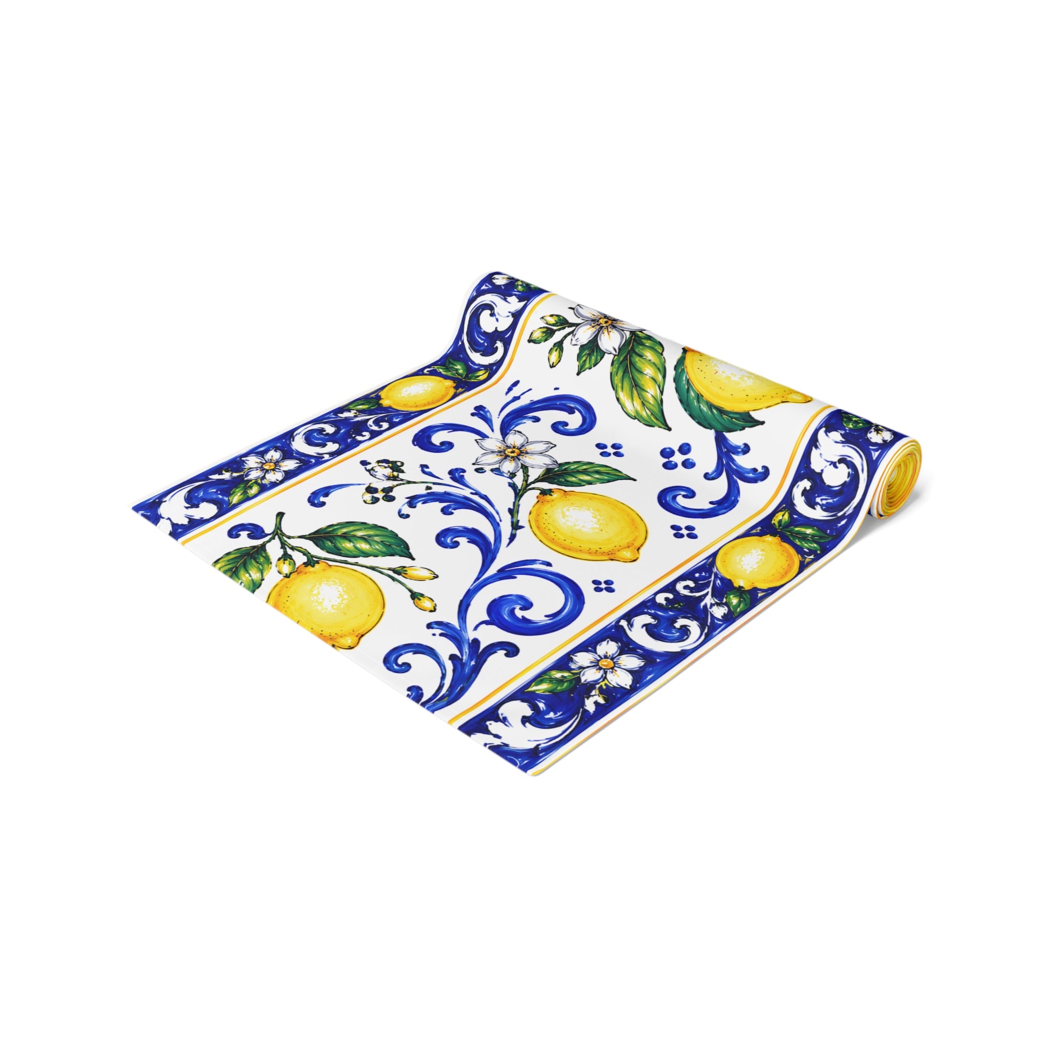 Little Italy Amalfi Blue and White with Lemon Table Runner – Mediterranean Blue & Yellow Dining Decor