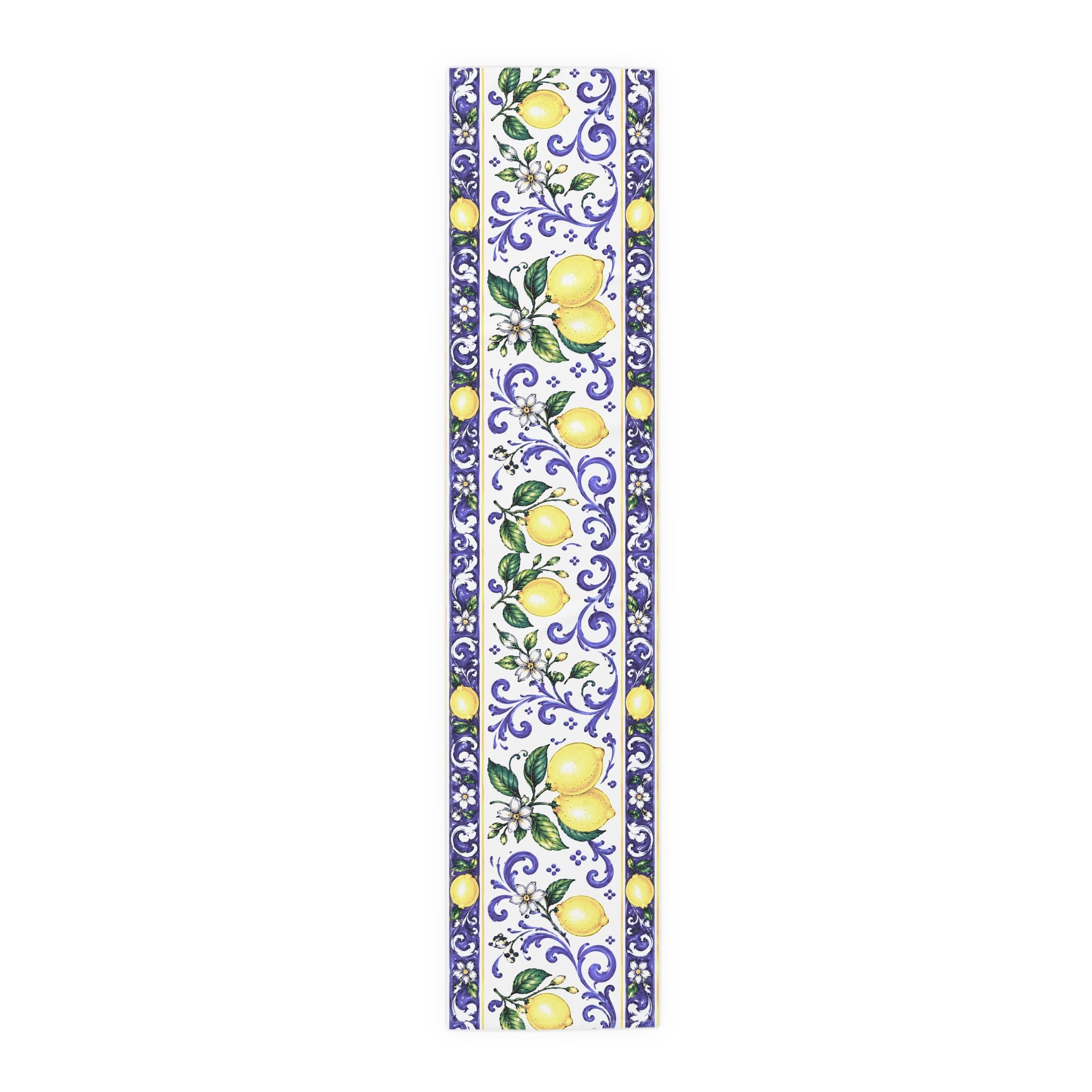 Little Italy Amalfi Blue and White with Lemon Table Runner – Mediterranean Blue & Yellow Dining Decor