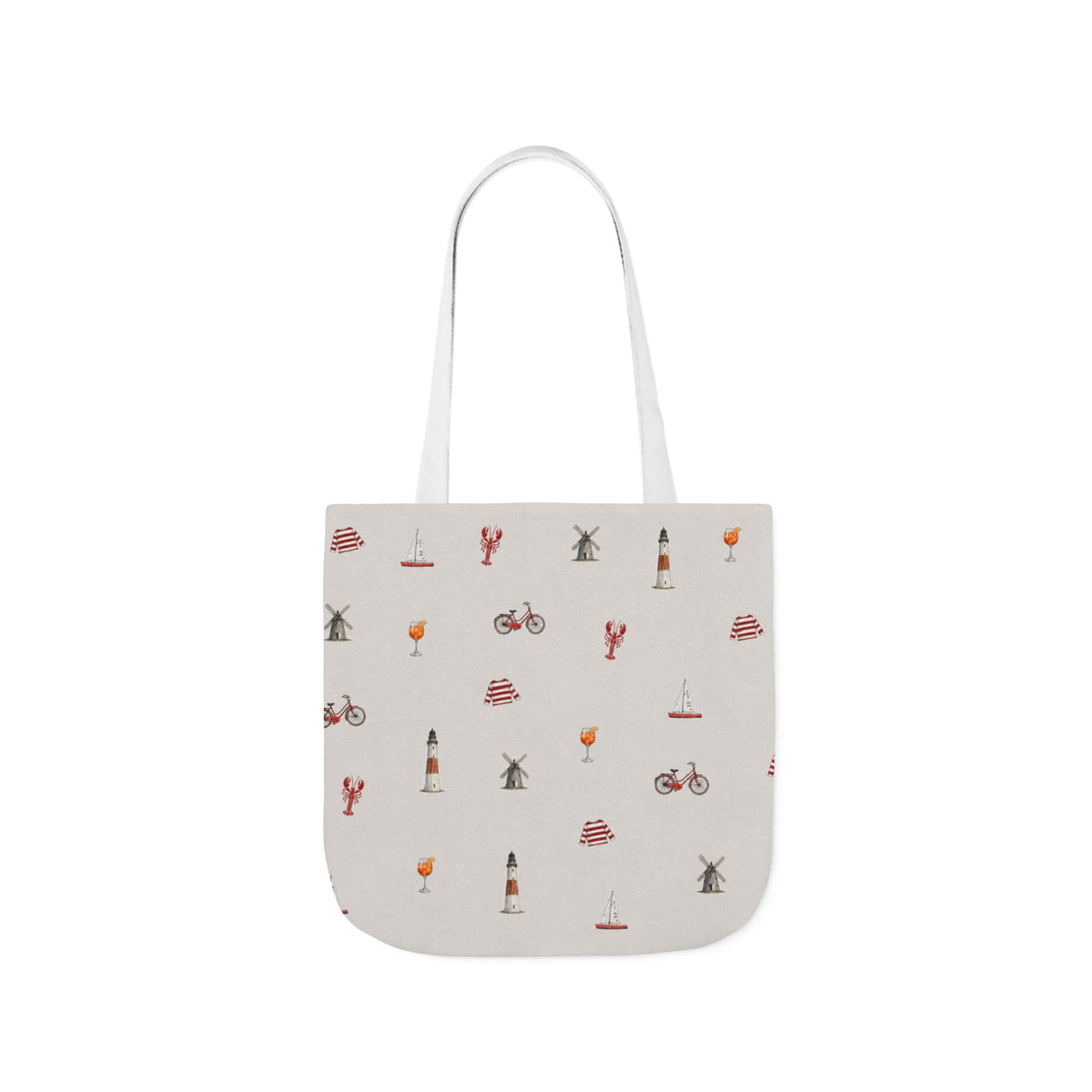 Icons of the Hamptons Heather Gray Canvas Tote — Lighthouse, Windmill, Lobster, Sailboat Icons