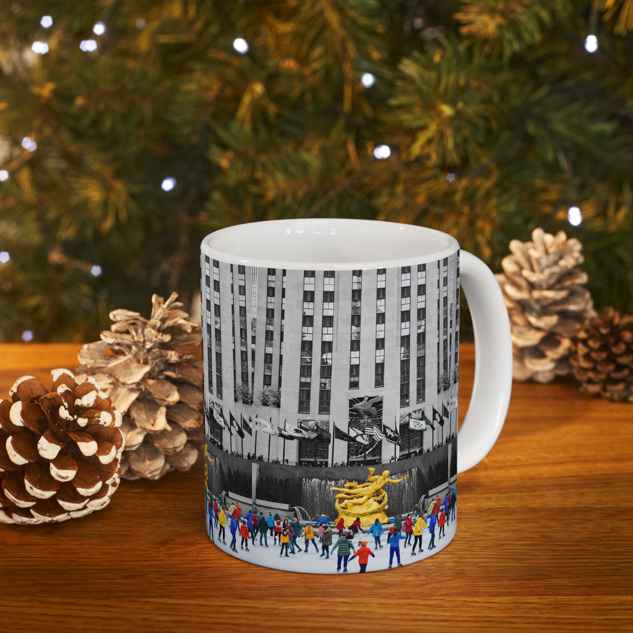 Rockefeller Center Ice Skating Scene Mug | NYC Gold Prometheus Ceramic Coffee Cup