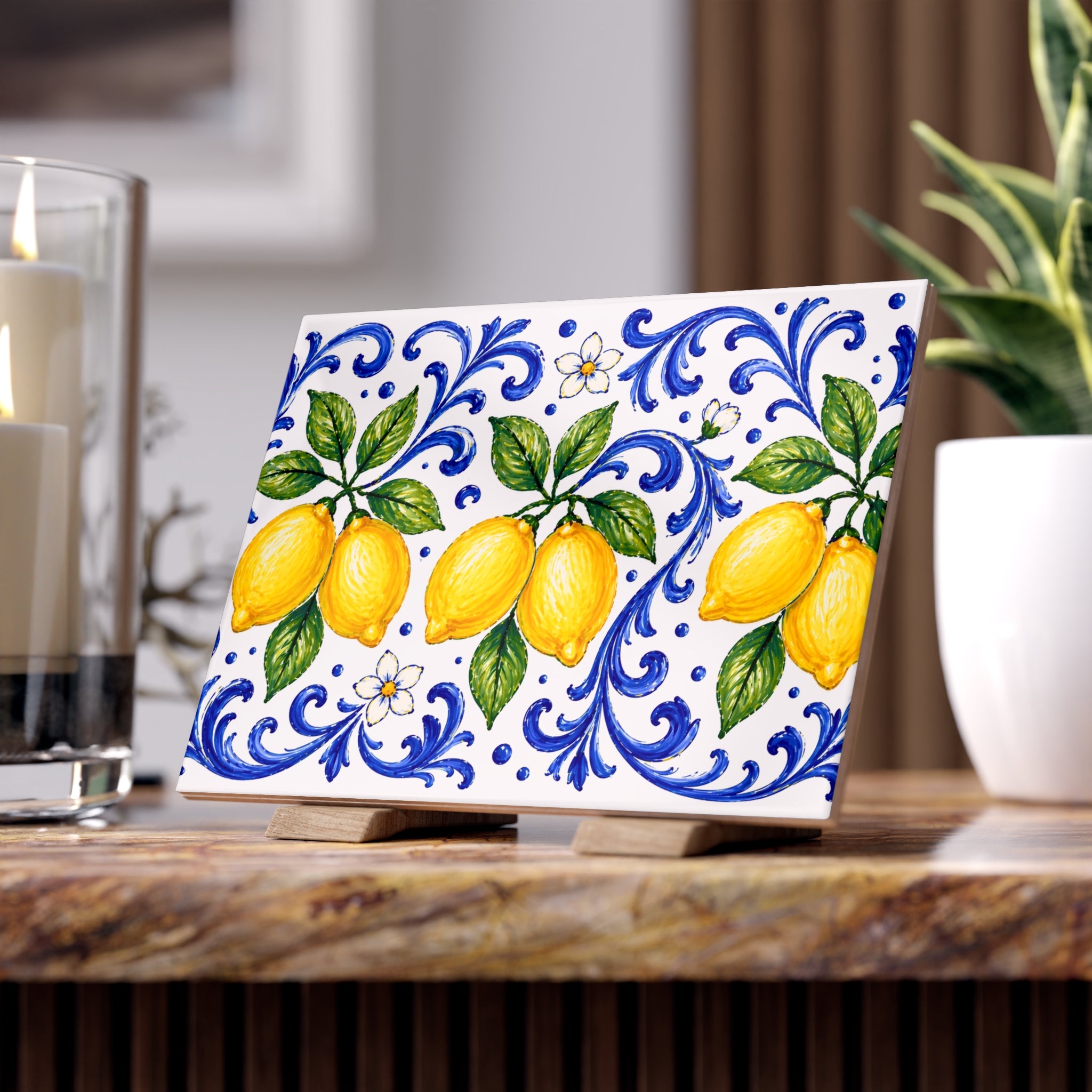 Little Italy Amalfi Blue and White with Lemon Ceramic Tile - Mediterranean Lemon Decorative Kitchen Backsplash Tile Art 6" x 8"