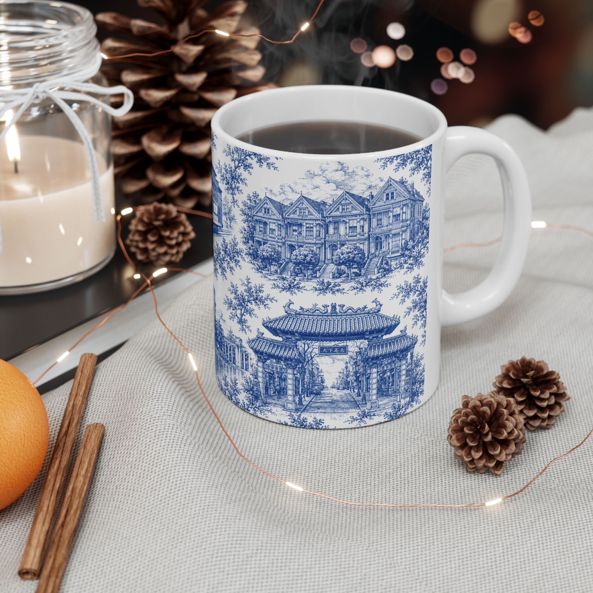 San Francisco Blue Toile de Jouy Ceramic Mug — Vintage Cable Car & Palace of Fine Arts Design (11oz)